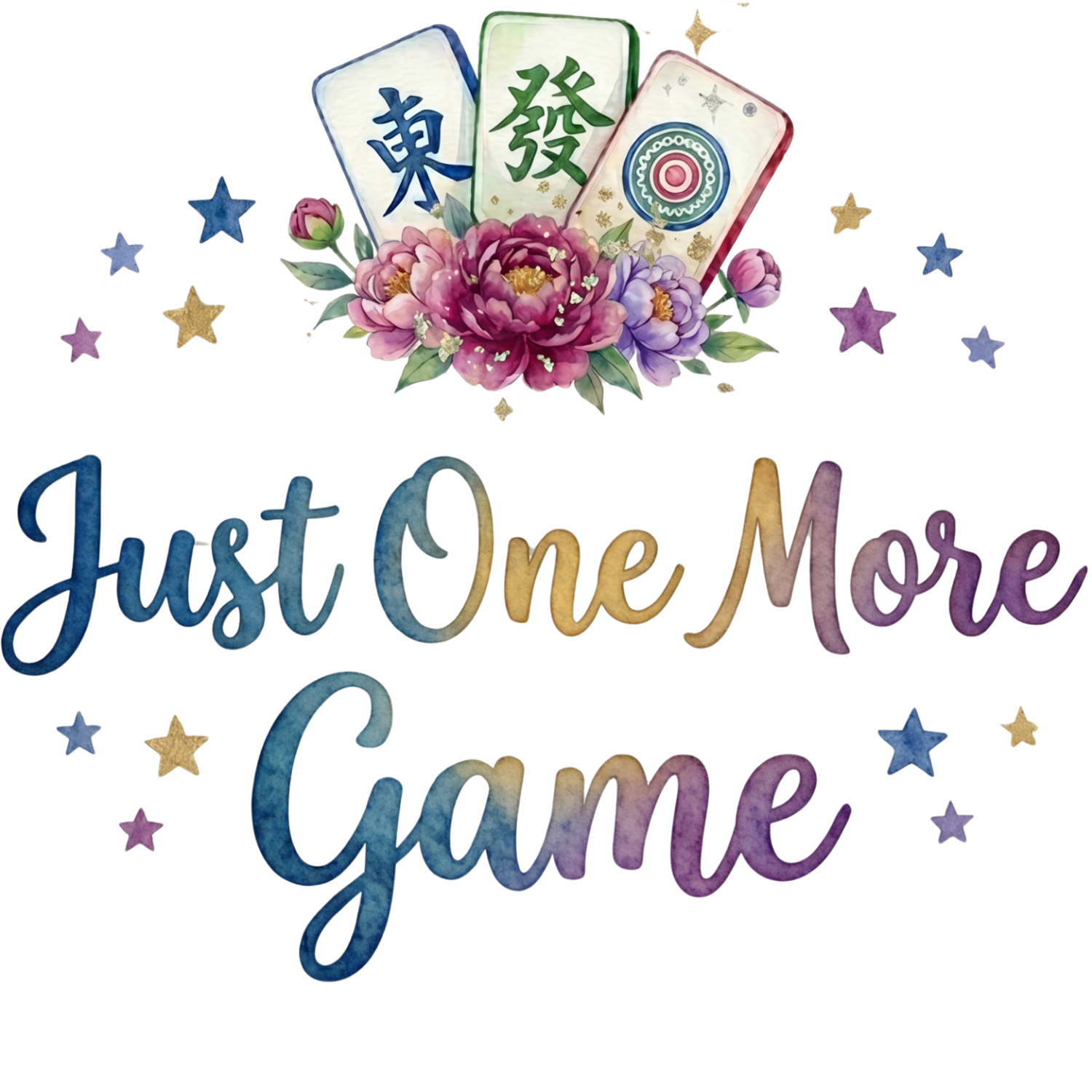 Watercolor mahjong tiles with pink peonies and gaming quote saying Just One More Game, ready to press dtf transfer
