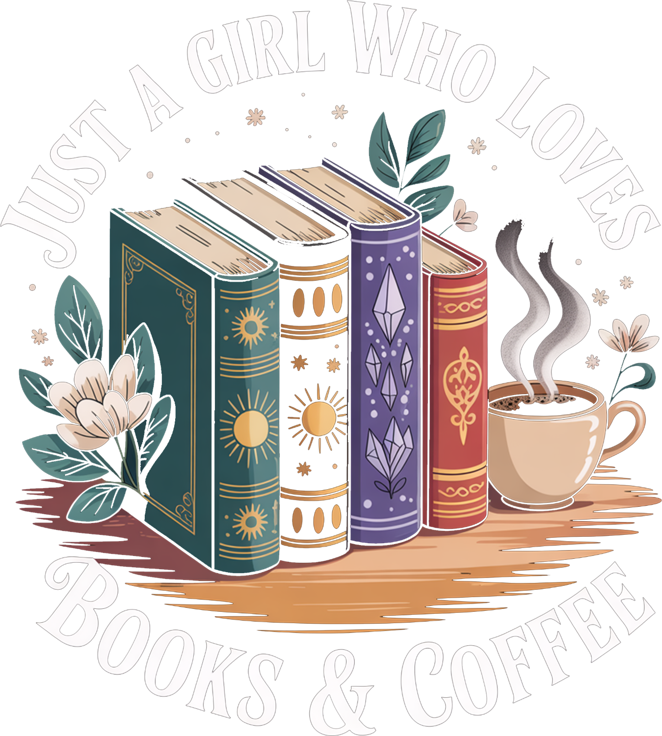 Vintage-style books with decorative spines, steaming coffee cup, and botanical leaves; ready to press dtf transfer.