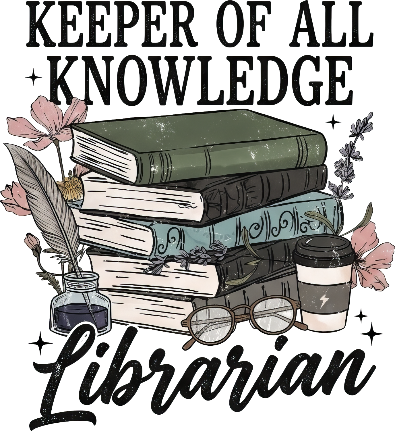 Stack of vintage books with pink flowers, ink bottle, coffee cup, and reading glasses—ready to press DTF transfer design.