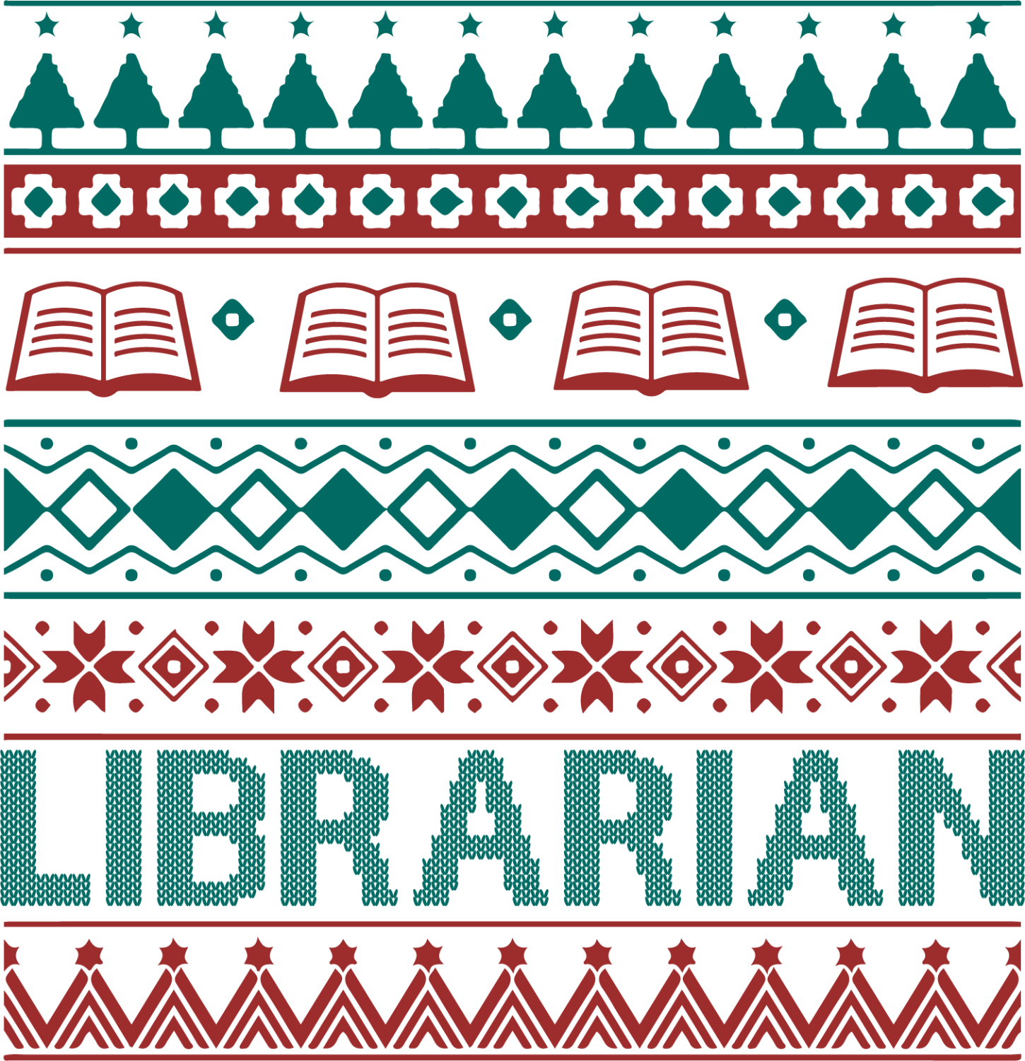 Festive holiday-themed design with books, trees, and geometric patterns in teal and red stripes, ready to press dtf transfer.