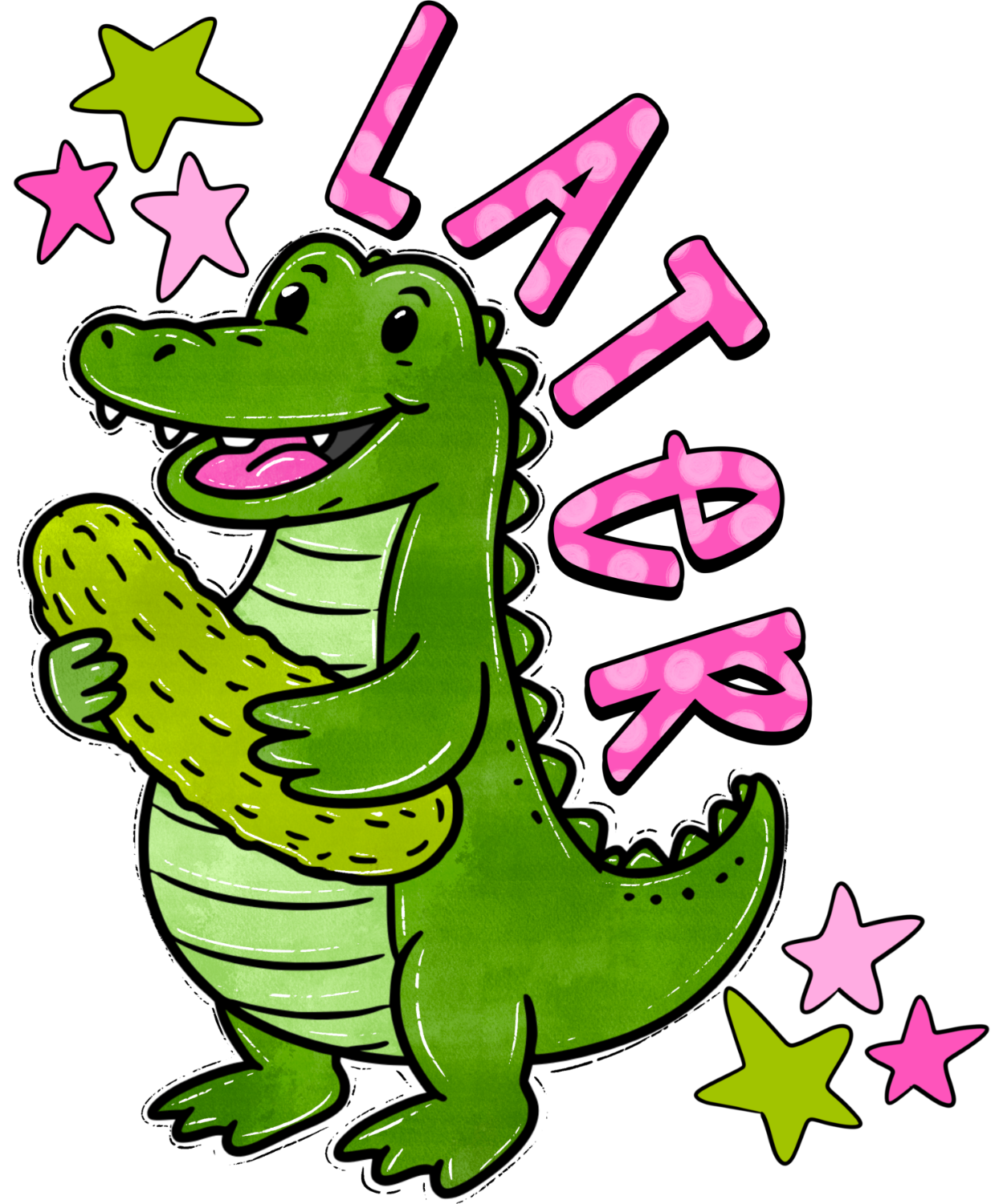Alligator wearing baseball glove with pink all-star text and stars, ready to press dtf transfer