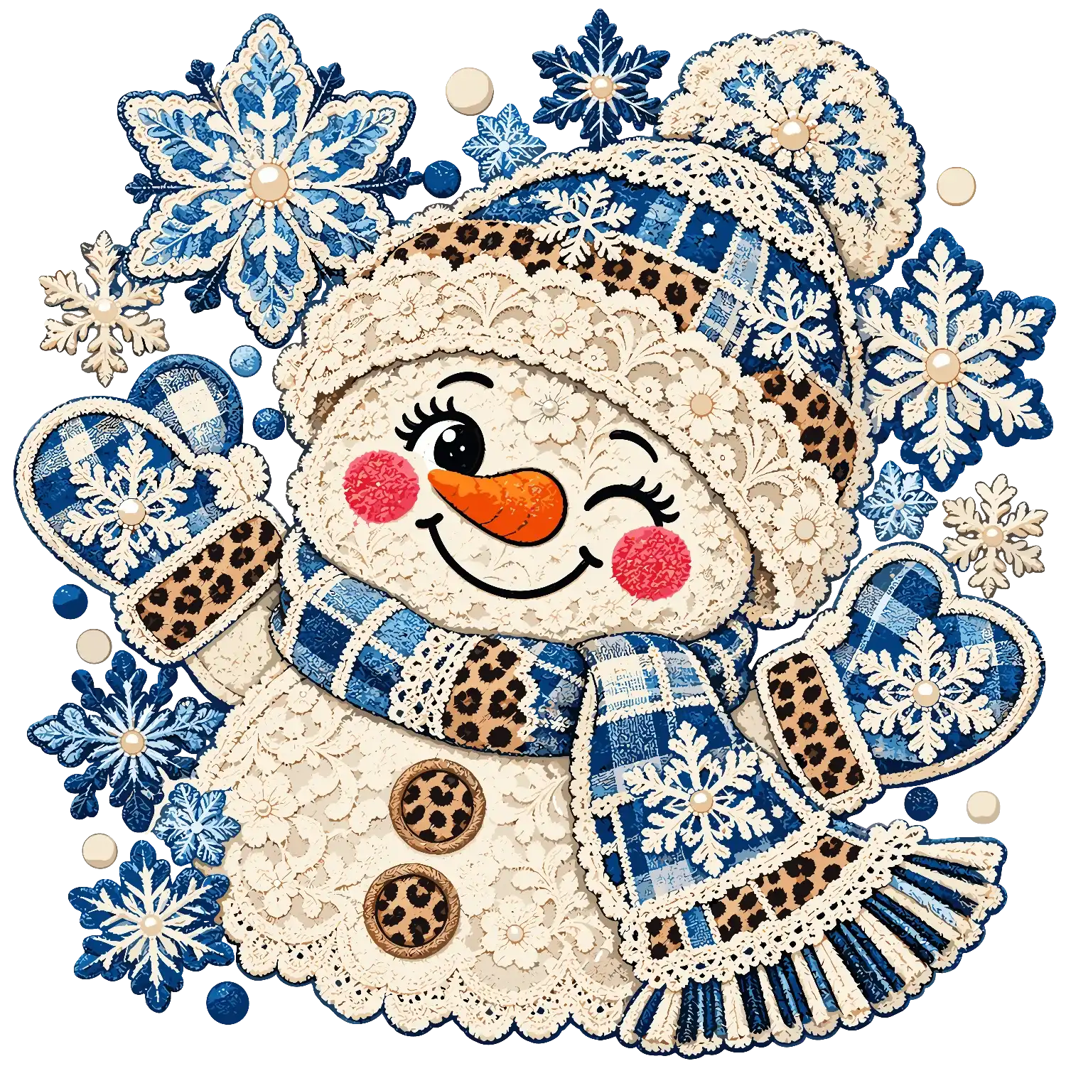 Smiling snowman with cream textured body, orange carrot nose, blue plaid scarf and mittens surrounded by snowflakes ready to press dtf transfer