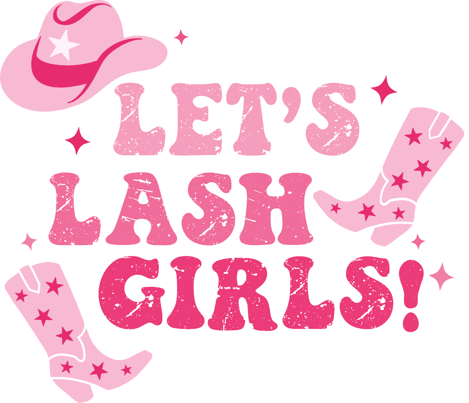 Pink distressed cowboy hat and boots with stars design ready to press dtf transfer