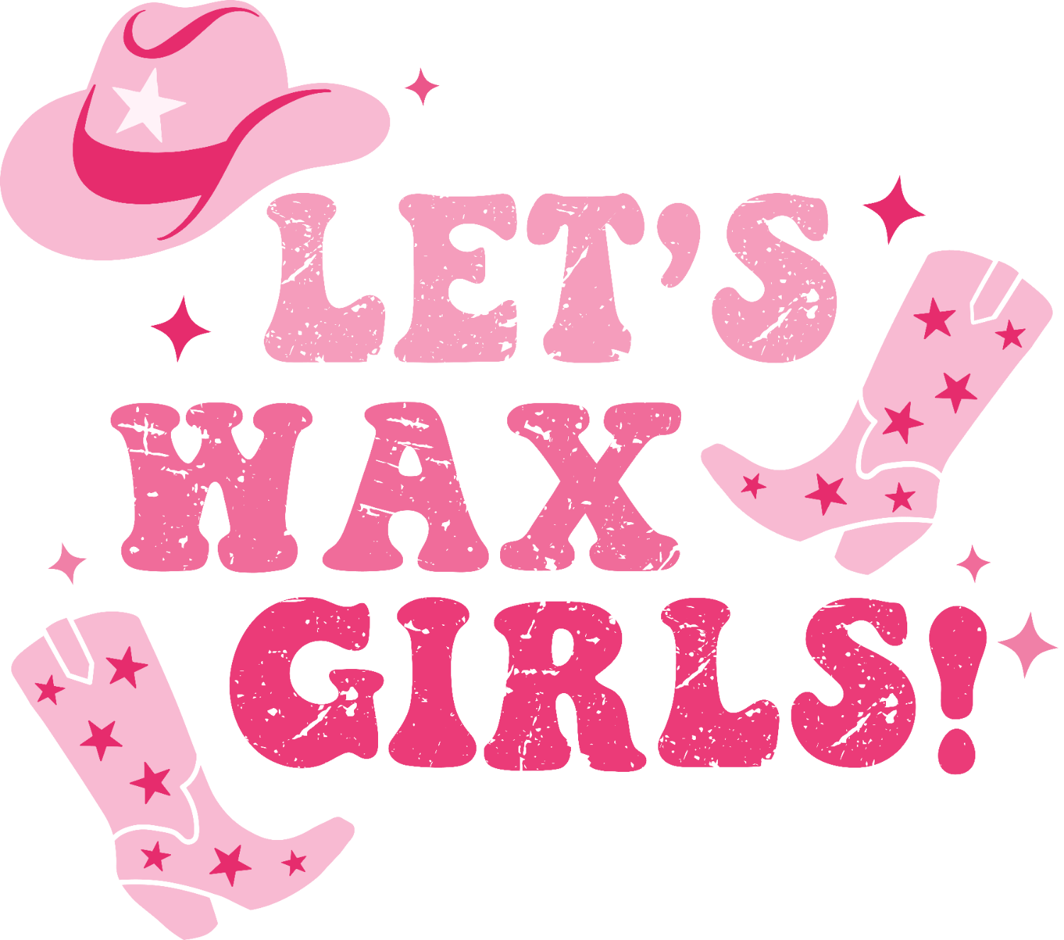 Pink distressed cowboy boot design with stars and sparkles ready to press dtf transfer for girls