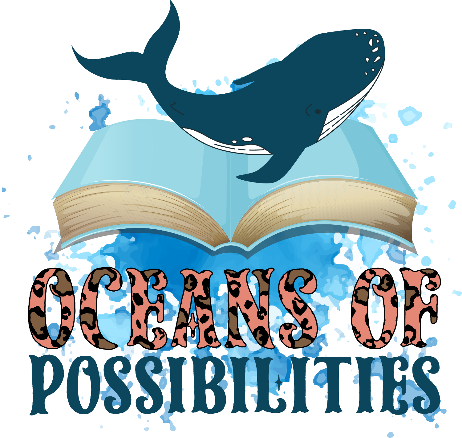 Whale leaping over open book with ocean splashes, ready to press dtf transfer design in teal and coral