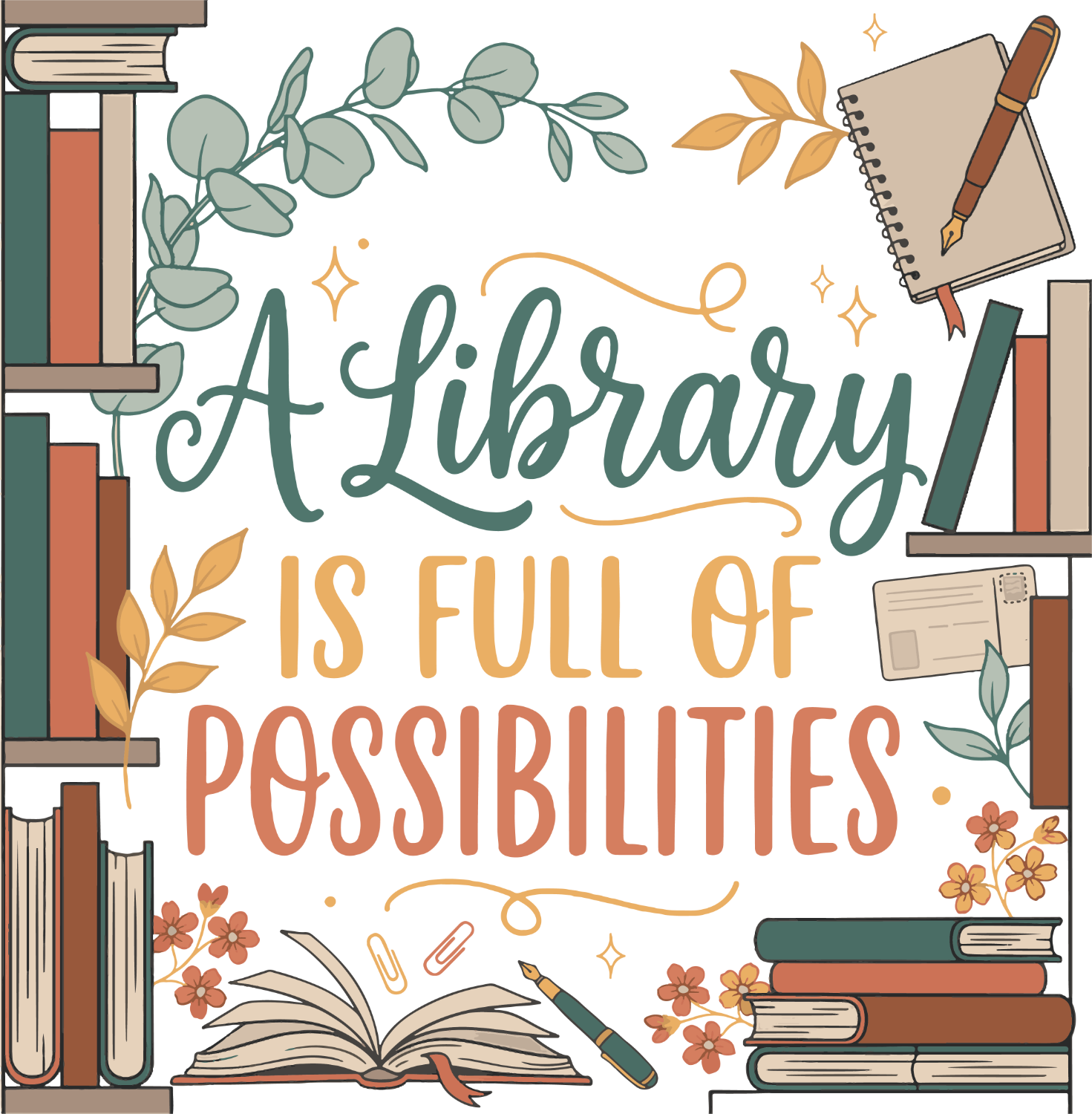 Illustrated library design with stacked books, florals, and inspirational quote text, ready to press DTF transfer