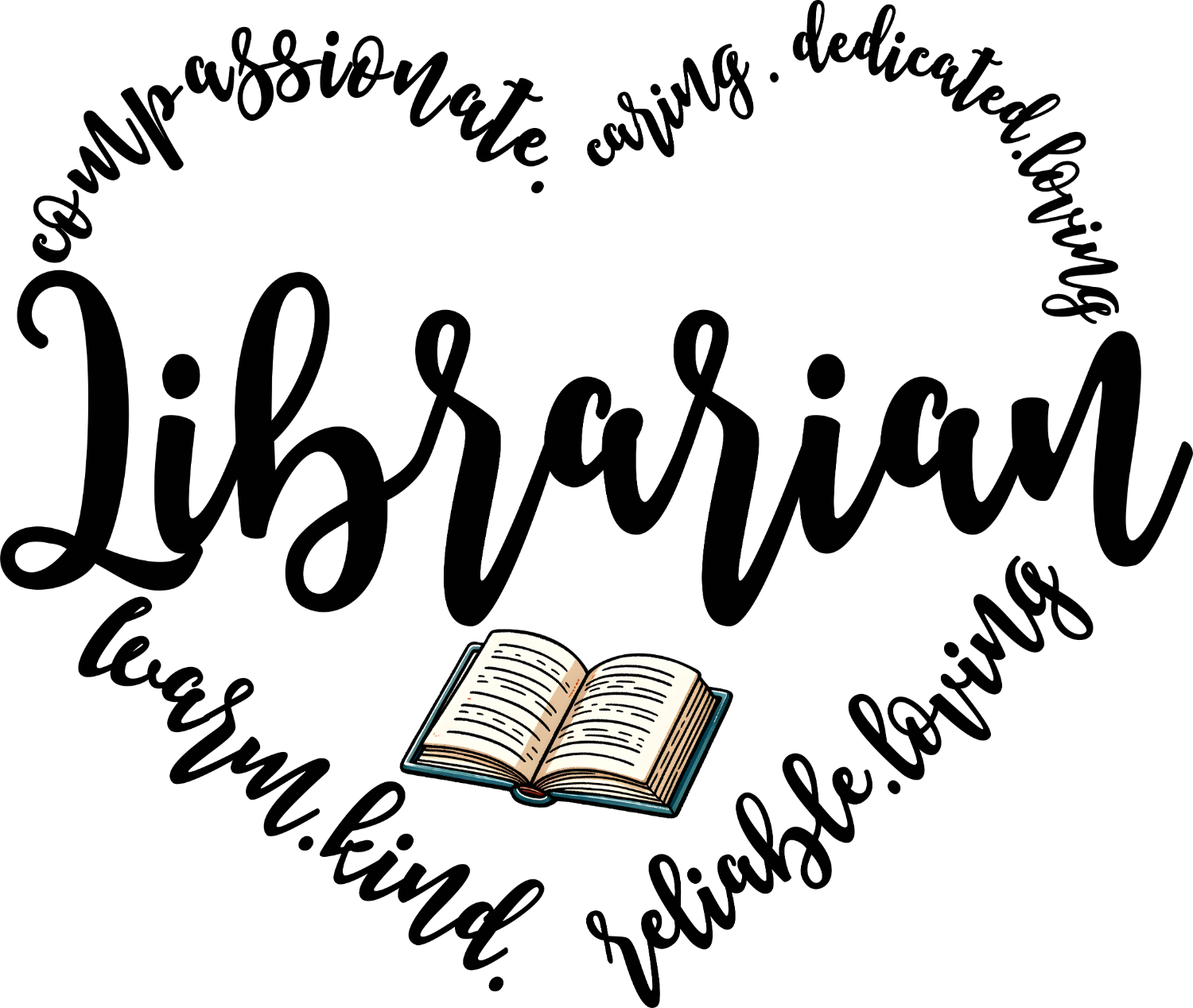 Black and white hand-lettered text reading 'Librarian' surrounded by inspiring words like 'compassionate,' 'caring,' and 'dedicated' with an open book illustration, ready to press dtf transfer