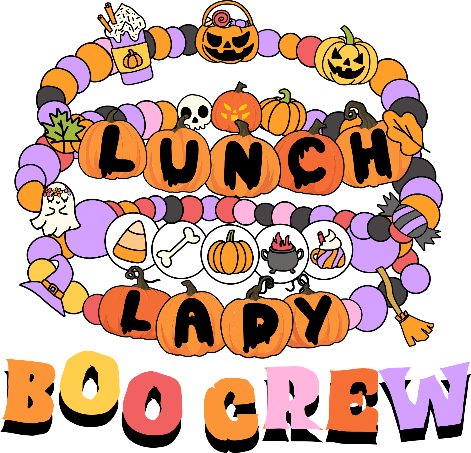 Colorful Halloween-themed lunch lady design with pumpkins and spooky elements, ready to press DTF transfer