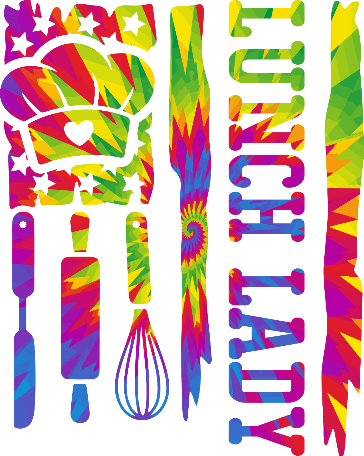 Colorful tie dye kitchen utensils including whisk, spatula, and spoon with rainbow gradient pattern, ready to press dtf transfer