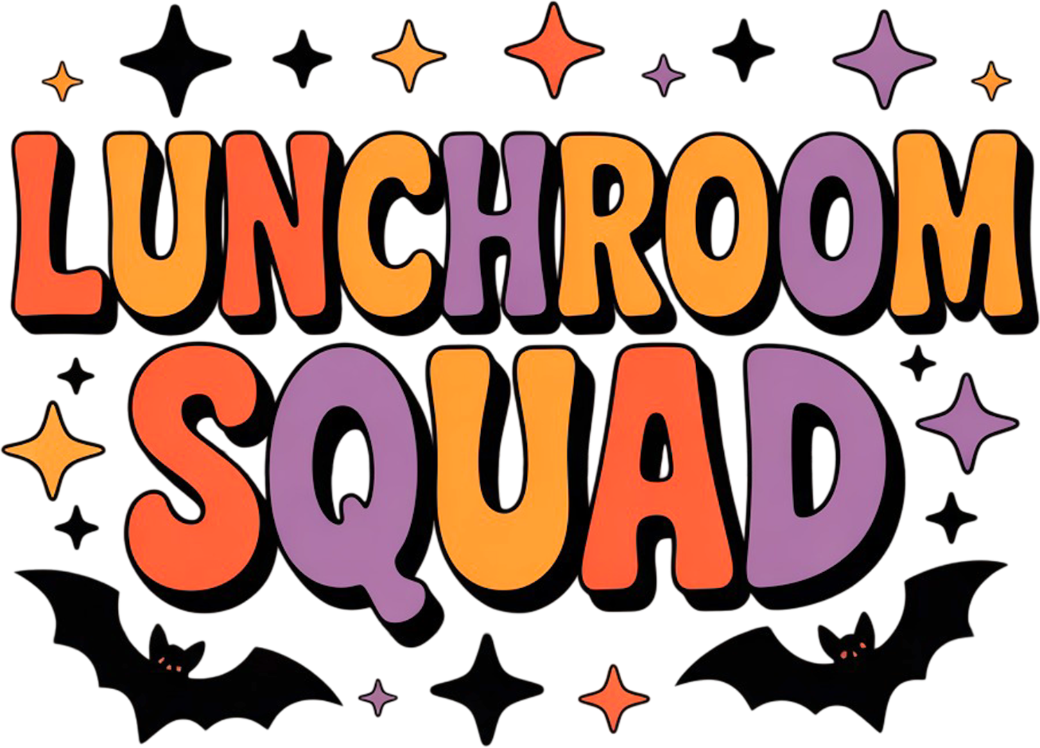 Colorful Lunchroom Squad text with purple and orange stars and bats, ready to press dtf transfer design.
