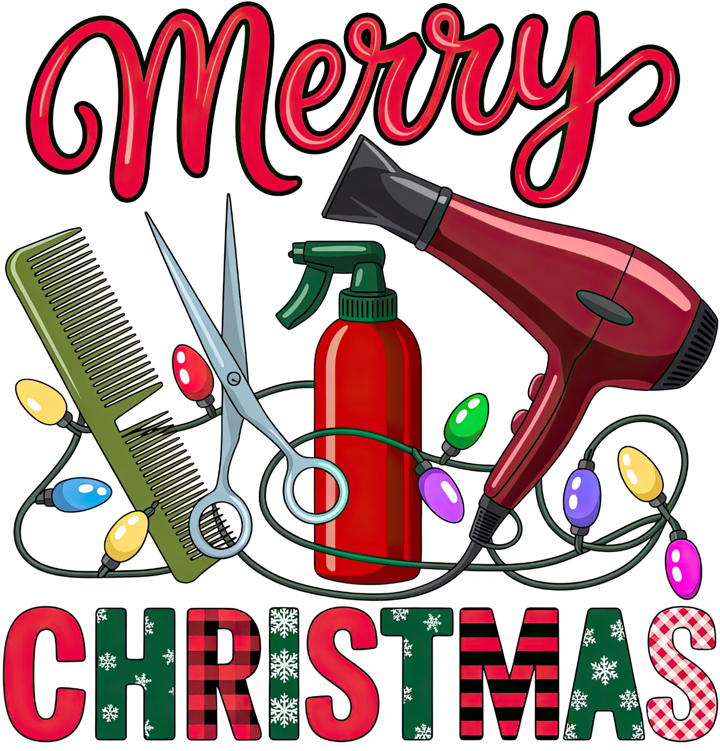 Merry Christmas text with hair salon tools including comb, scissors, spray bottle, and hair dryer on ready to press dtf transfer