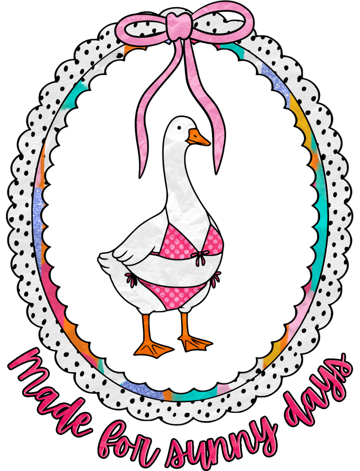 Whimsical goose wearing pink polka dot bikini with orange feet inside colorful scalloped frame, ready to press dtf transfer.