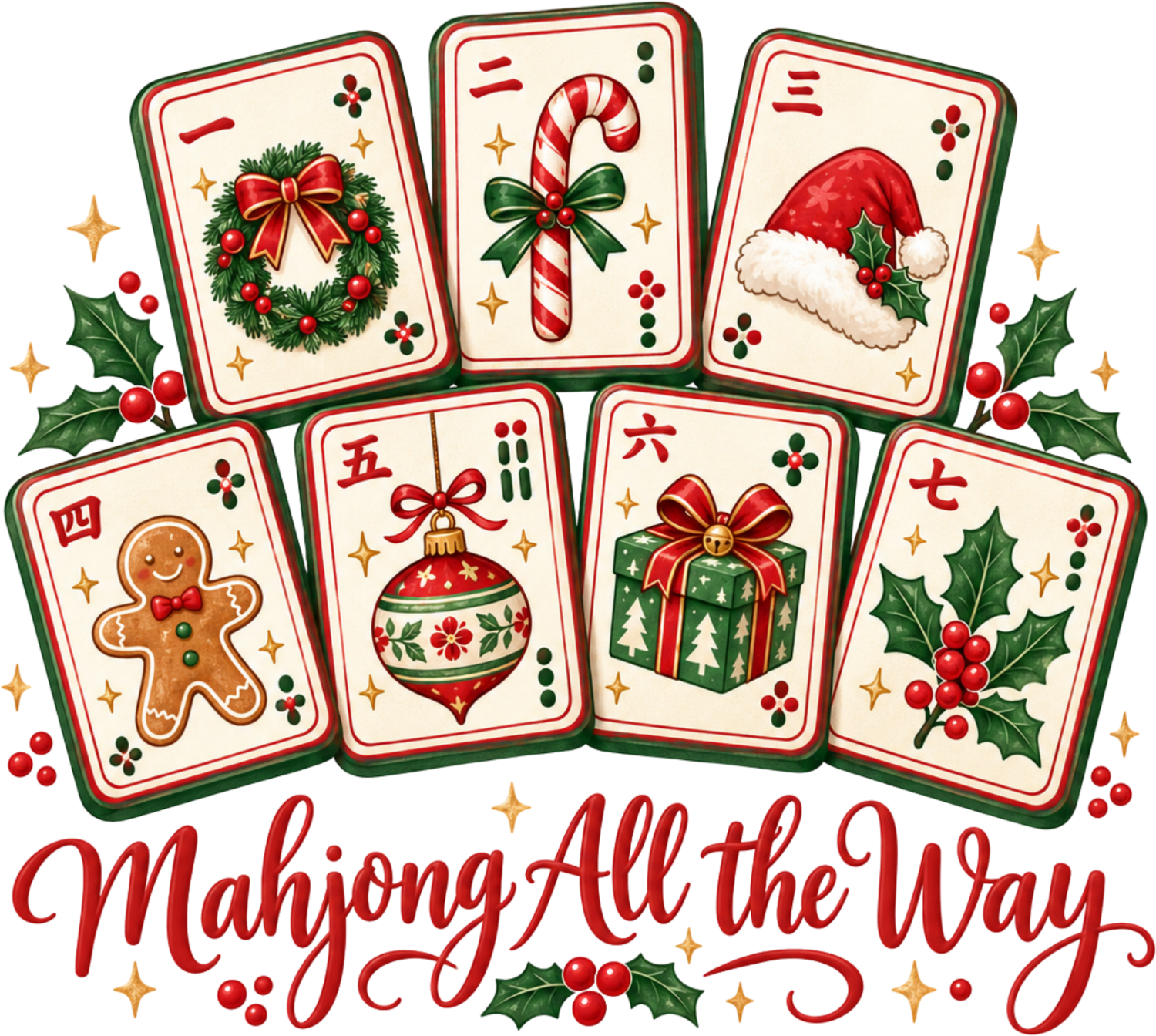 Seven colorful mahjong tiles with Christmas designs ready to press dtf transfer, featuring wreaths and candy canes