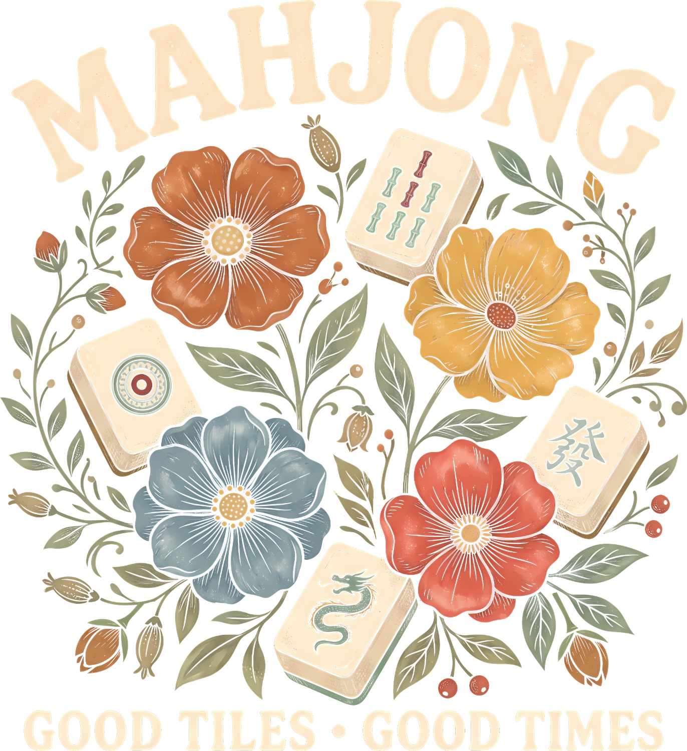 Colorful mahjong design with brown, yellow, blue, and red flowers surrounded by green foliage and cream tiles, ready to press dtf transfer