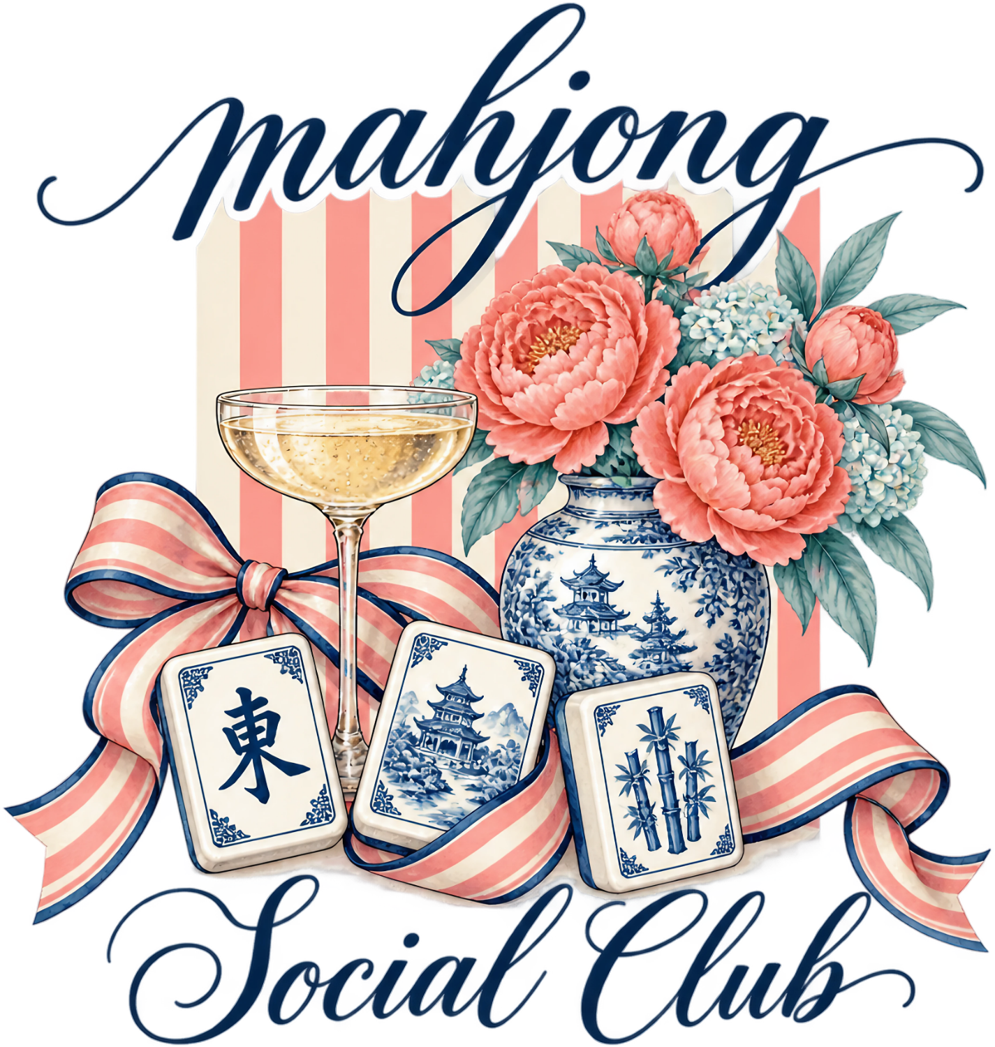 Mahjong Social Club design with coral peonies, champagne glass, and mahjong tiles ready to press dtf transfer