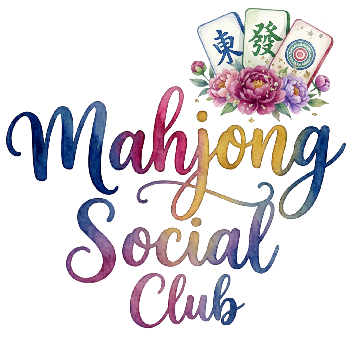 Mahjong Social Club design with colorful watercolor peonies and mahjong tiles, ready to press dtf transfer