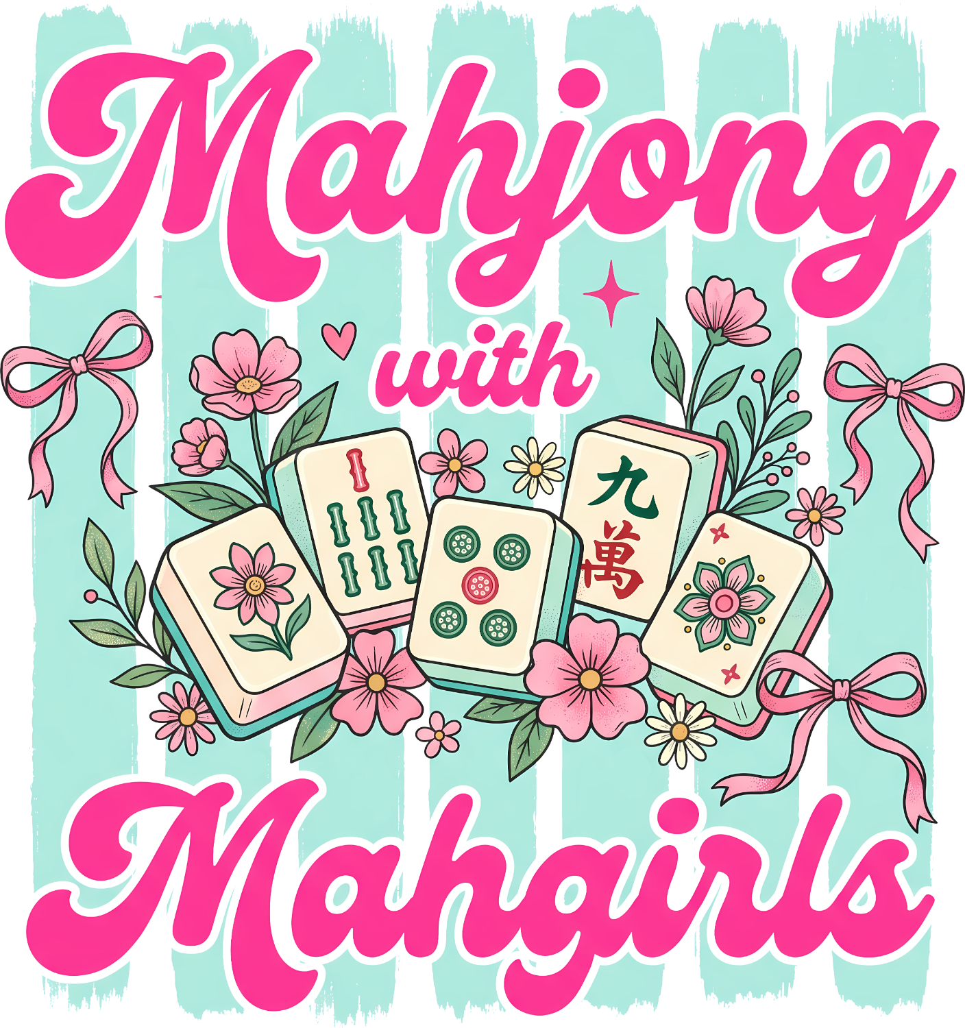 Mahjong tile design with pink flowers and bows on turquoise background, ready to press dtf transfer
