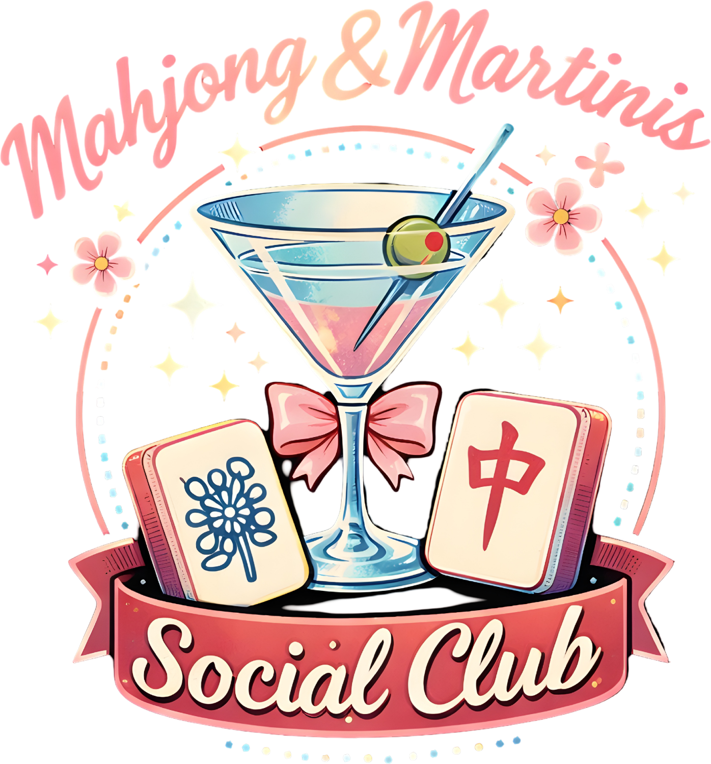 Mahjong and Martinis Social Club design with cocktail, mahjong tiles, pink bow, and flowers ready to press dtf transfer
