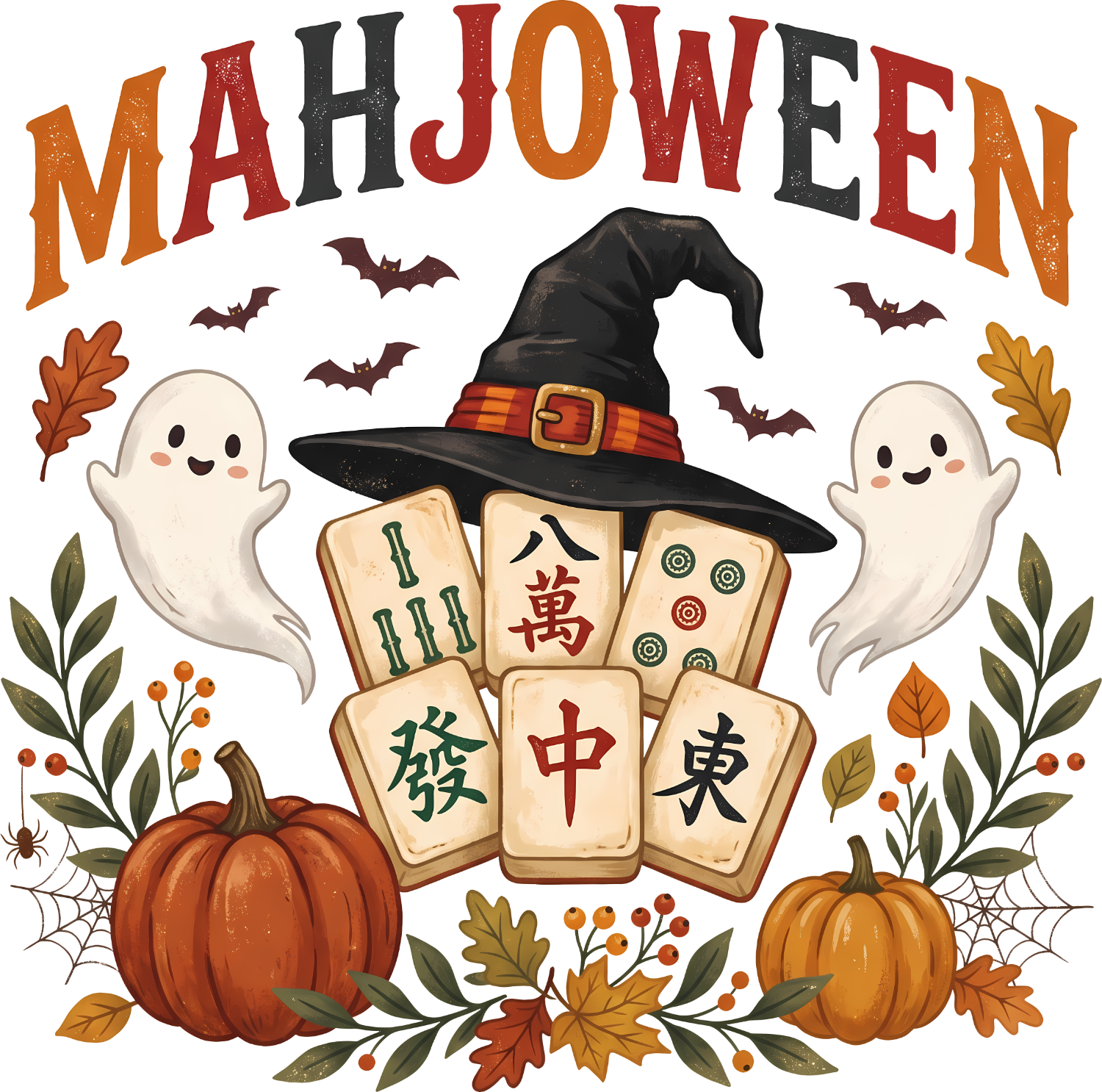 Mahjowen Halloween witch tiles design with mahjong pieces, friendly ghosts, pumpkins, and fall leaves ready to press dtf transfer