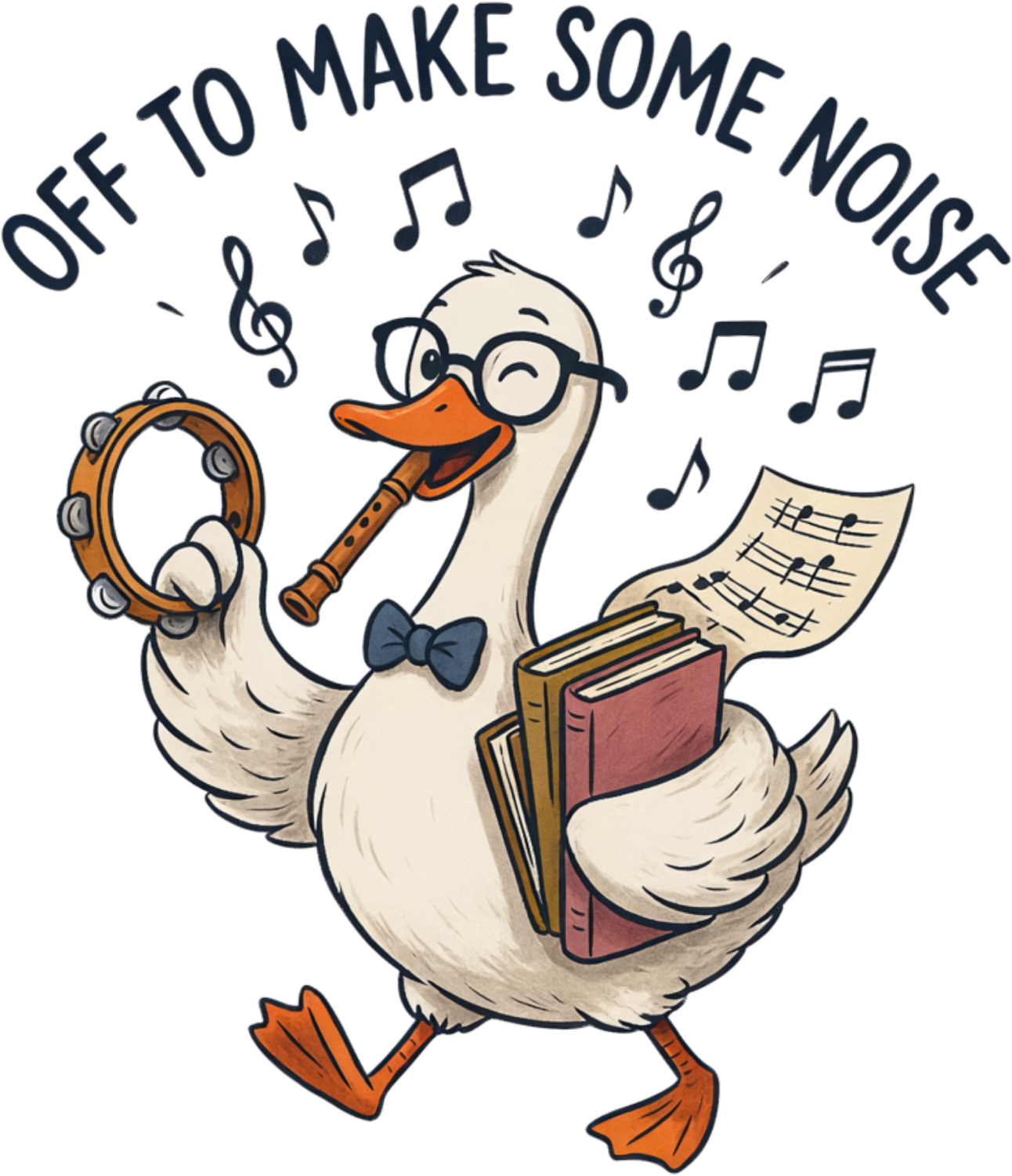 Cartoon duck playing instruments with sheet music, glasses, and bow tie - ready to press dtf transfer