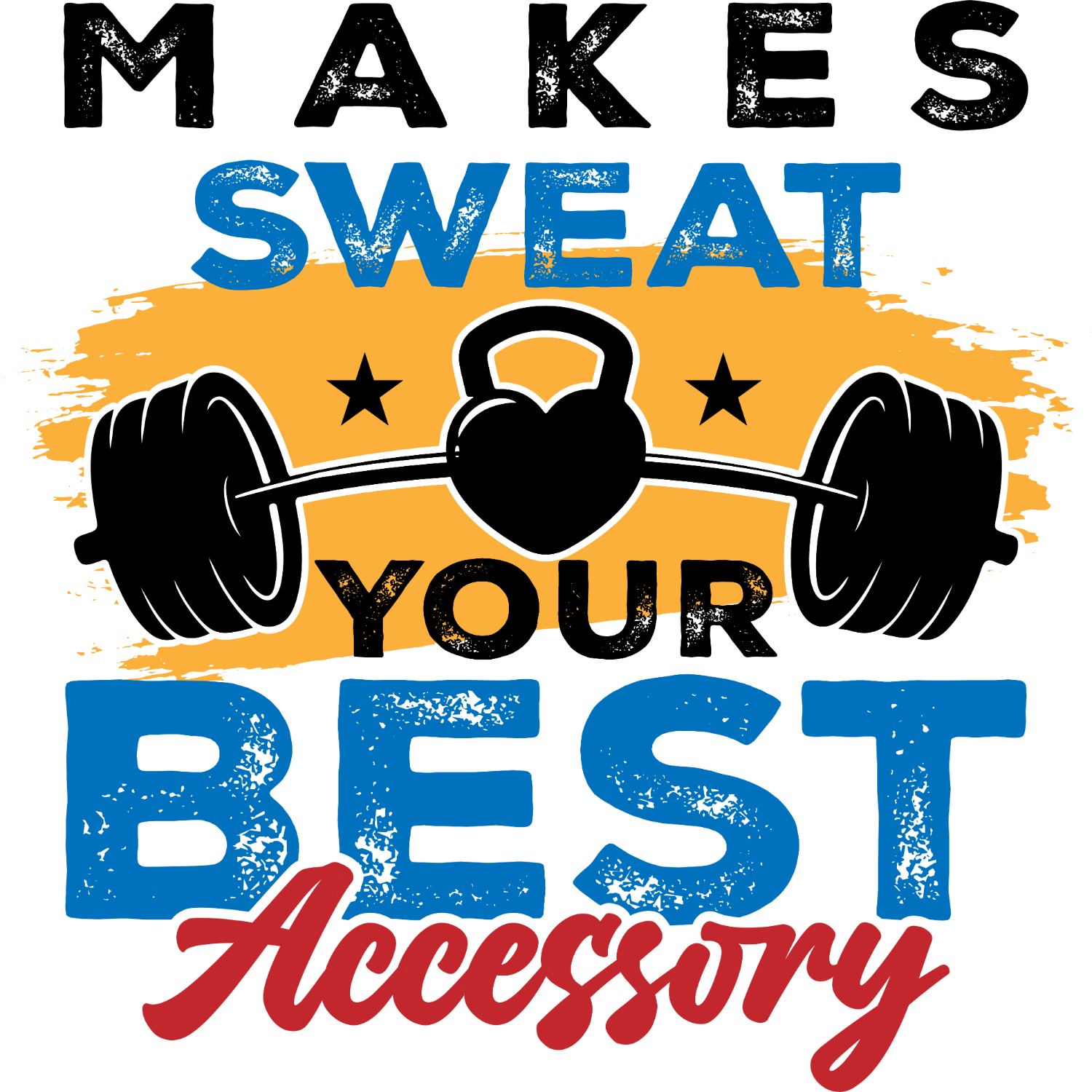 Bold black and blue fitness design with kettlebell graphic, stars, and motivational text ready to press dtf transfer