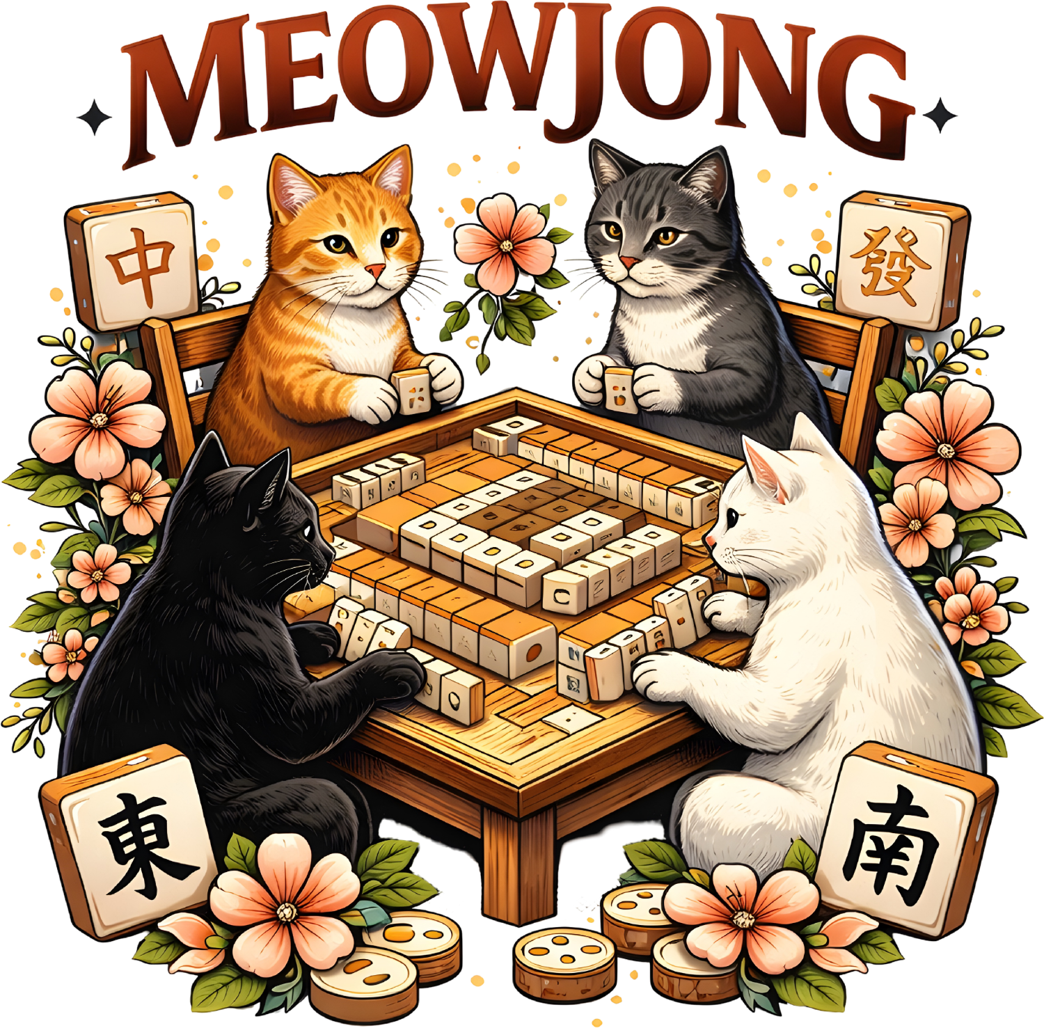 Four colorful cats playing mahjong around wooden table with flowers, ready to press dtf transfer