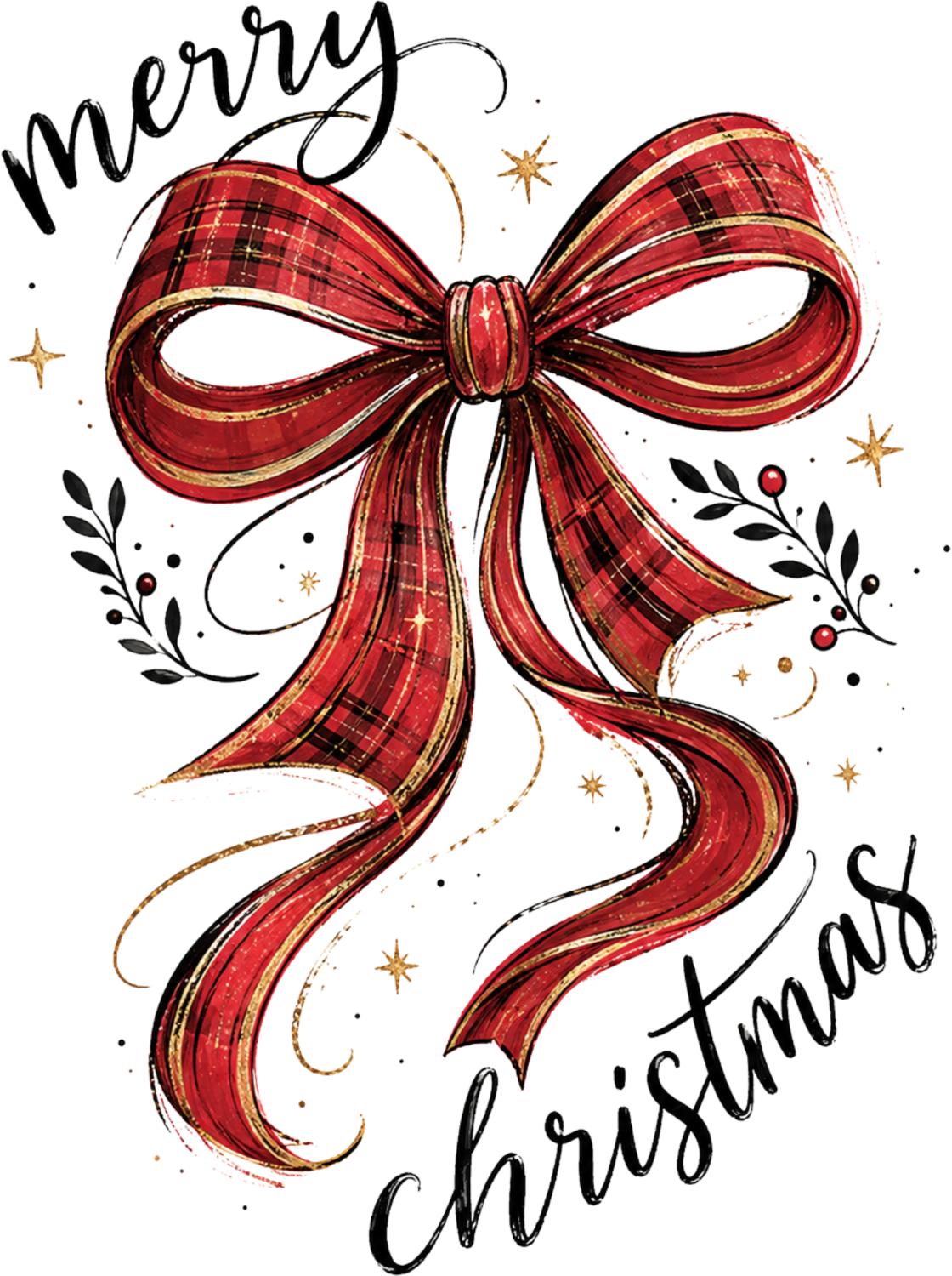 Red plaid tartan bow with gold stars and festive greenery ready to press dtf transfer