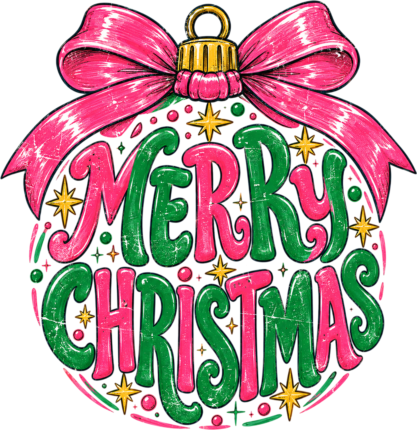 Vibrant pink and green Merry Christmas ornament design with gold stars, ready to press dtf transfer