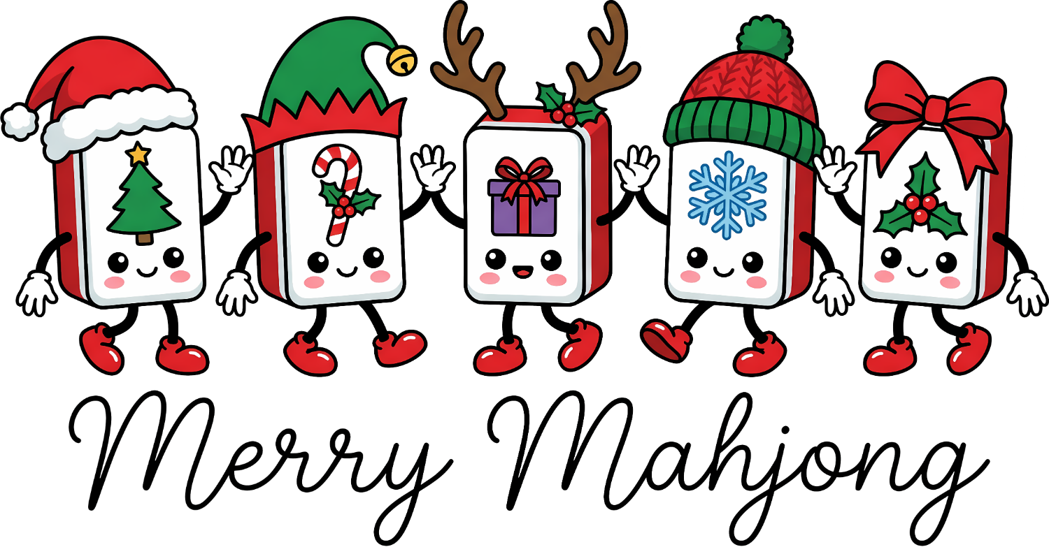 Five cute anthropomorphic mahjong tile characters in holiday outfits, ready to press dtf transfer design for custom apparel