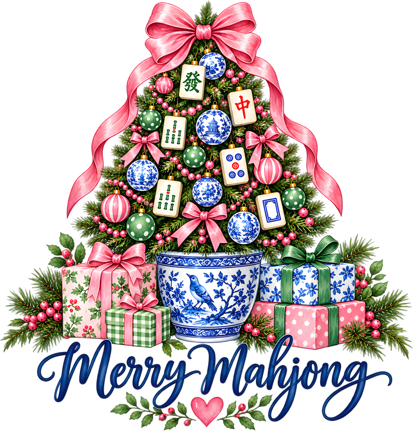Merry Mahjong Christmas tree design with mahjong tiles, pink bows, blue porcelain ornaments, ready to press dtf transfer
