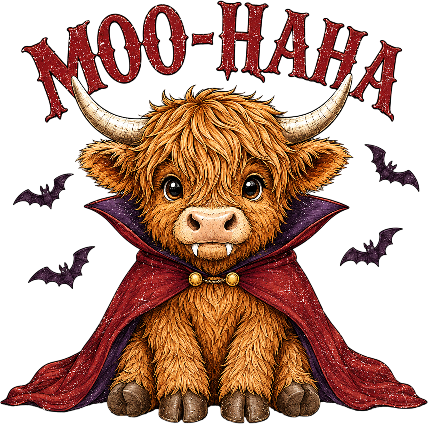 Adorable brown Highland cow vampire with horns, fangs, red cape, and purple collar surrounded by bats, ready to press dtf transfer