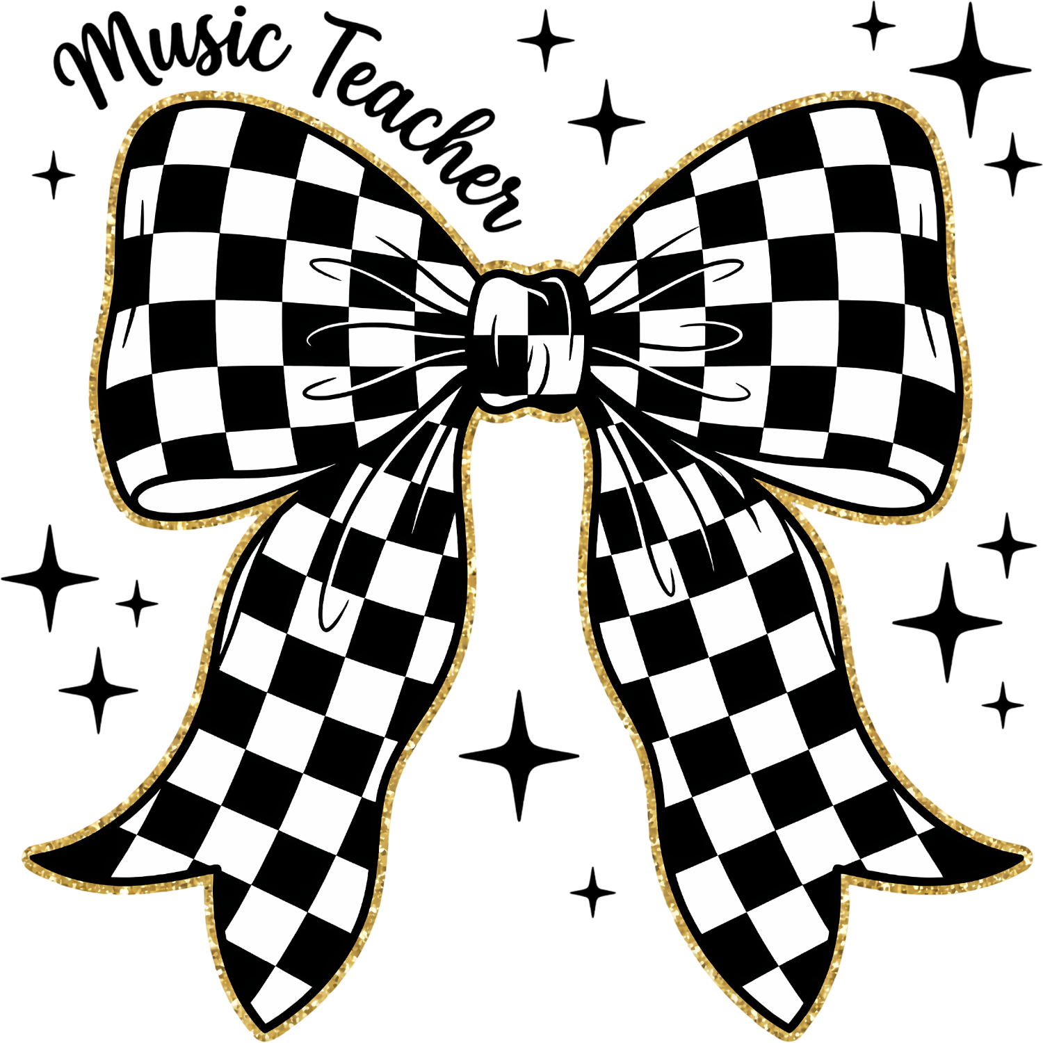 Black and white checkered bow with gold glitter outline, ready to press dtf transfer for music teachers