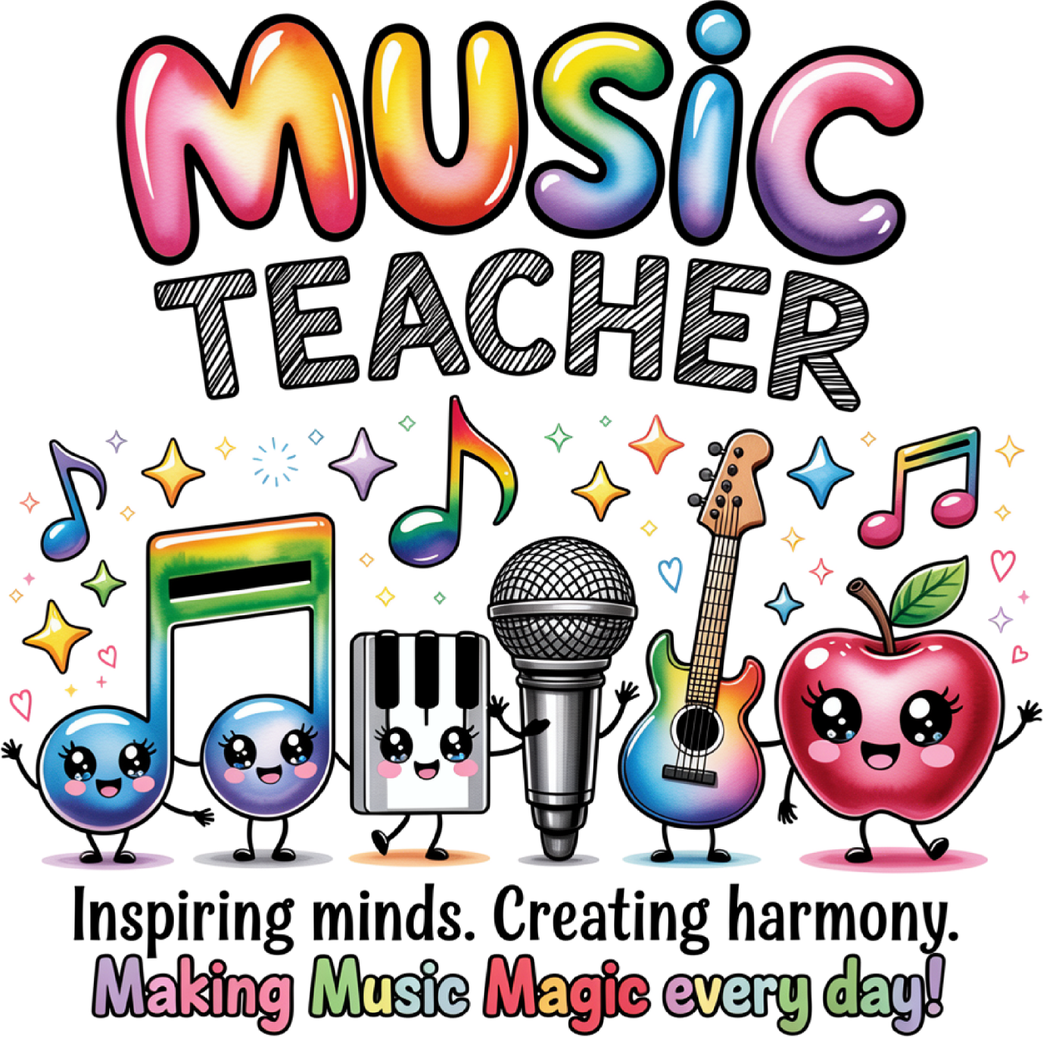 Colorful music teacher design with rainbow gradient lettering and cute musical instruments, ready to press dtf transfer