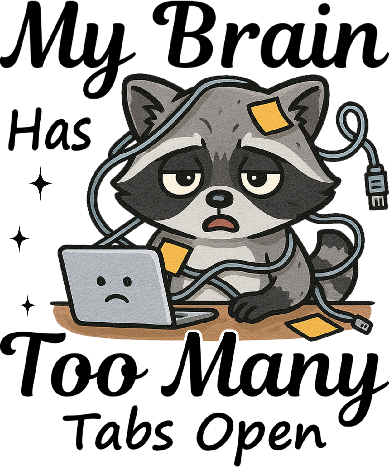 Stressed raccoon at laptop with sticky notes, ready to press dtf transfer for custom apparel