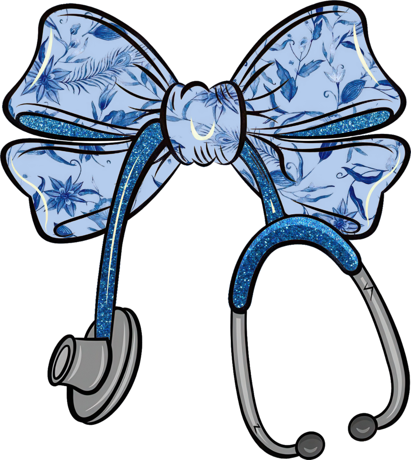 Blue floral patterned bow with glittery blue ribbons and stethoscope ready to press dtf transfer
