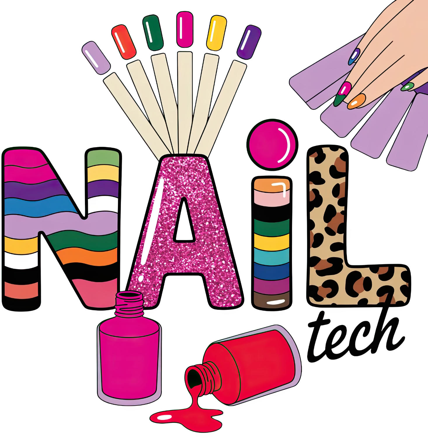 Colorful nail polish bottles and nail design artwork, ready to press dtf transfer for beauty apparel