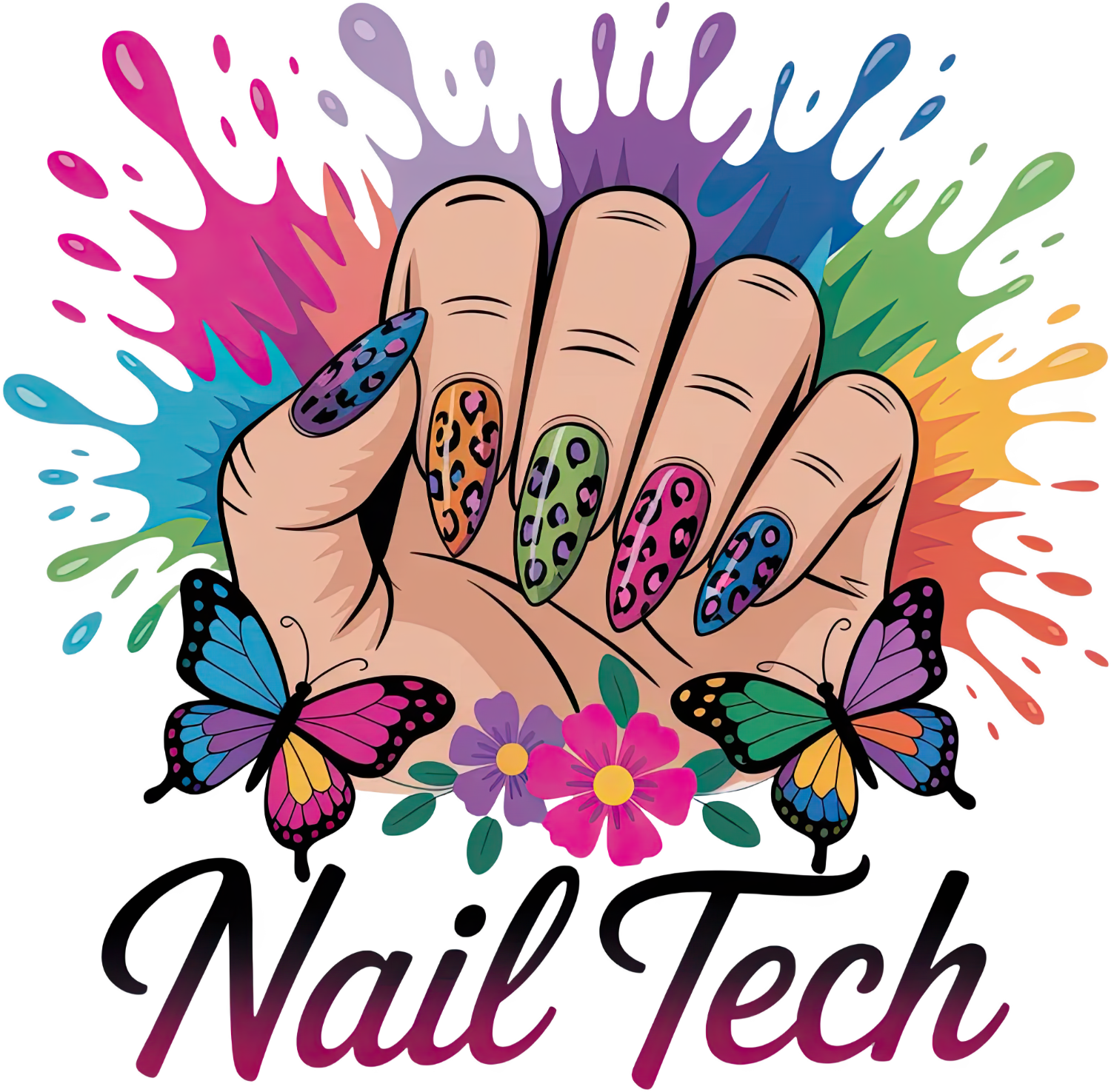 Colorful hand showing leopard print nails with rainbow splashes and butterflies, ready to press dtf transfer