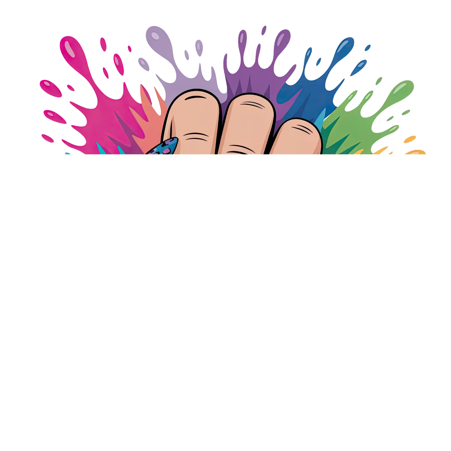 Three colorful hands surrounded by vibrant rainbow paint splashes, ready to press dtf transfer design