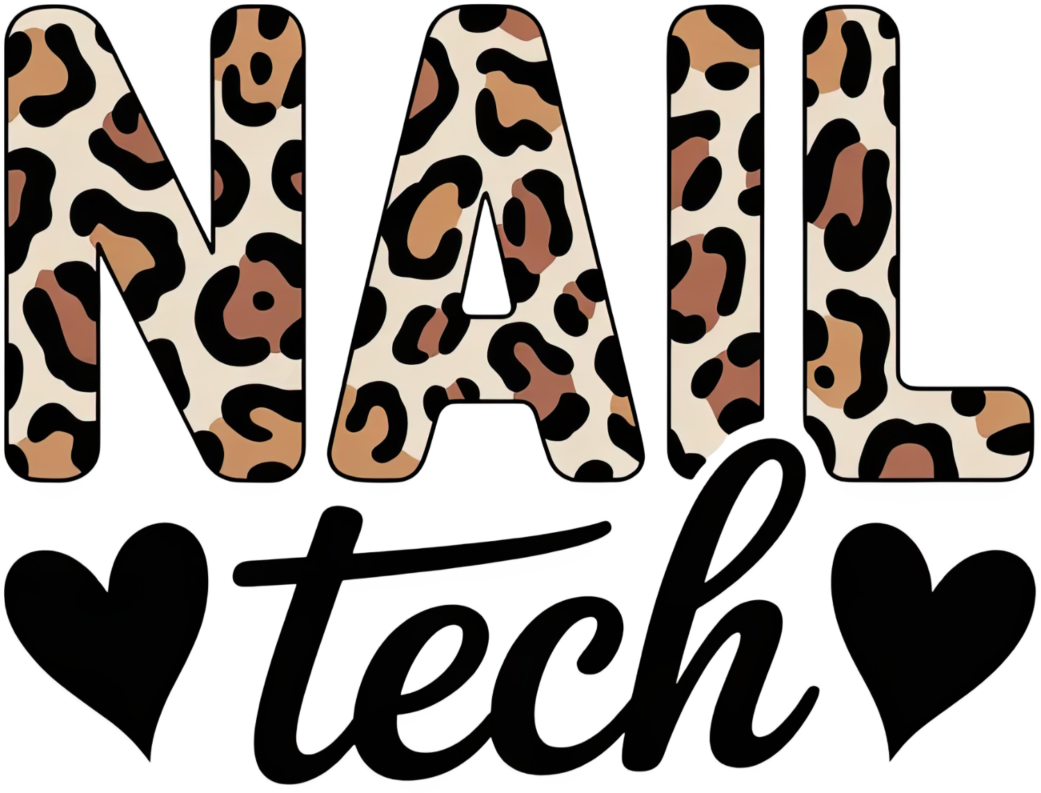 Leopard print nail tech design with black hearts, ready to press dtf transfer in tan and brown tones