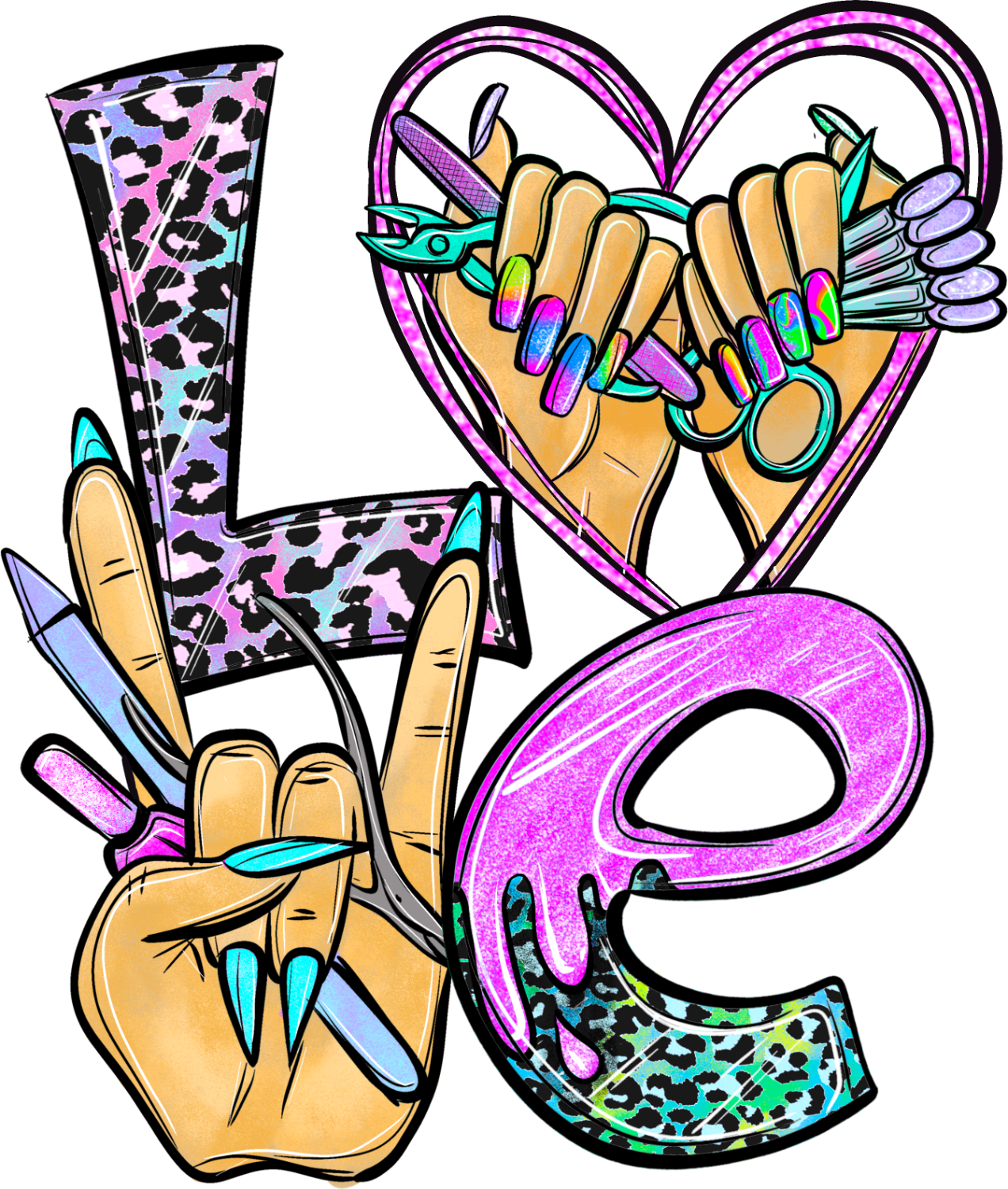 Colorful love peace nails heart design with vibrant leopard print and rainbow nail art ready to press dtf transfer
