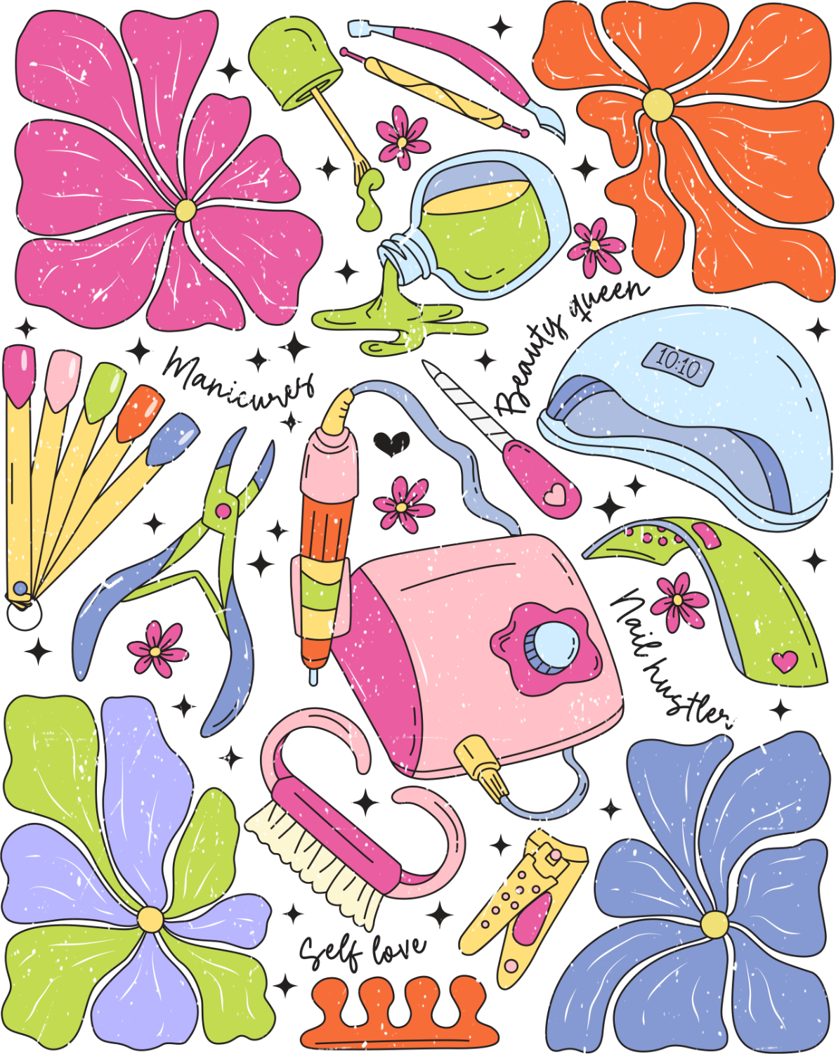 Colorful spa and self-care themed design with pink, orange, blue and green flowers, manicure tools, and wellness icons, ready to press dtf transfer.