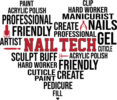 Word cloud design celebrating nail tech terms in red and black, ready to press dtf transfer for salon wear