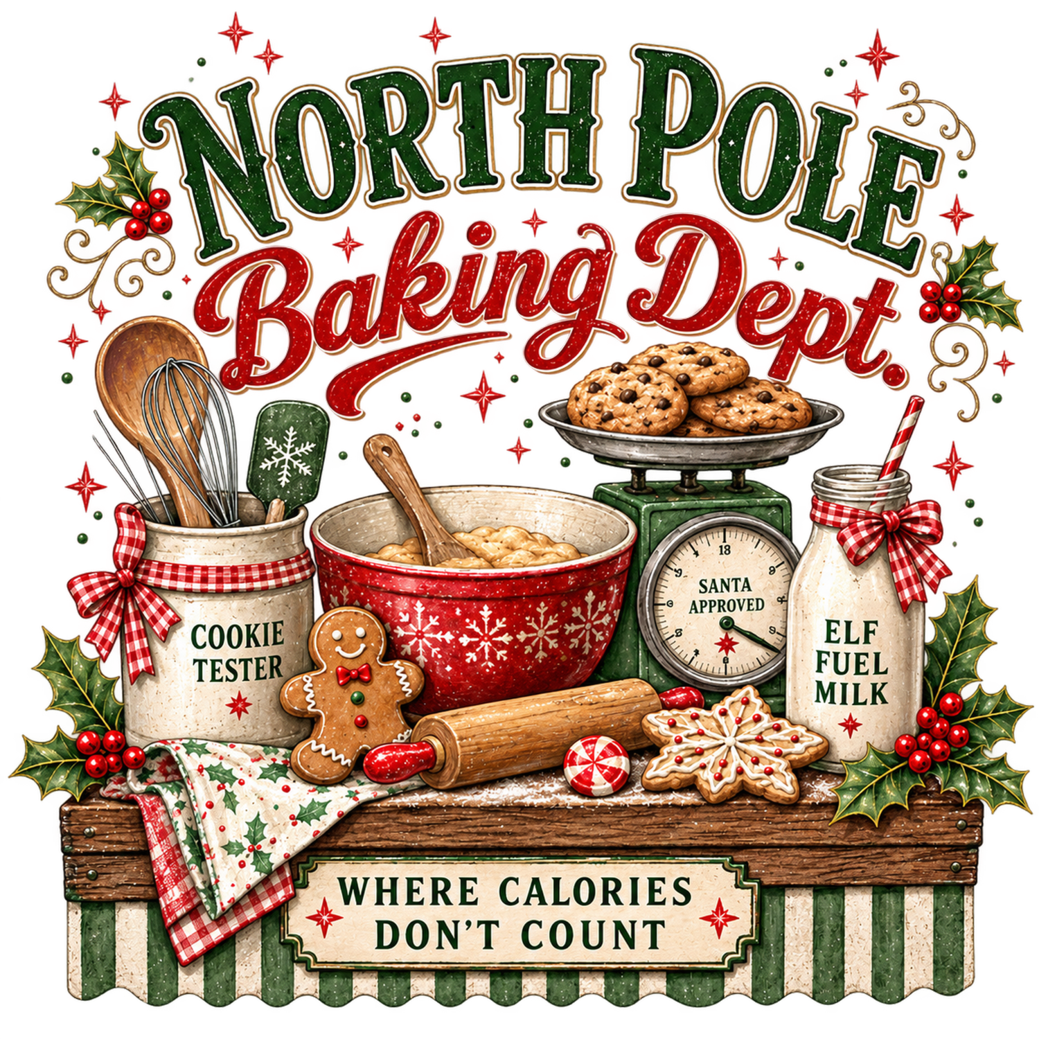 Vintage-style North Pole Baking Dept design with gingerbread, cookies, and holiday baking tools, ready to press DTF transfer.