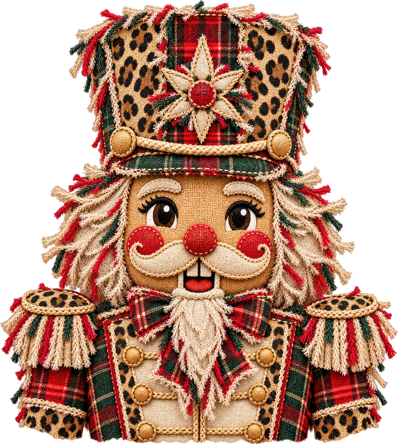 Ornate nutcracker with leopard print hat, plaid jacket, and cream beard—ready to press dtf transfer.