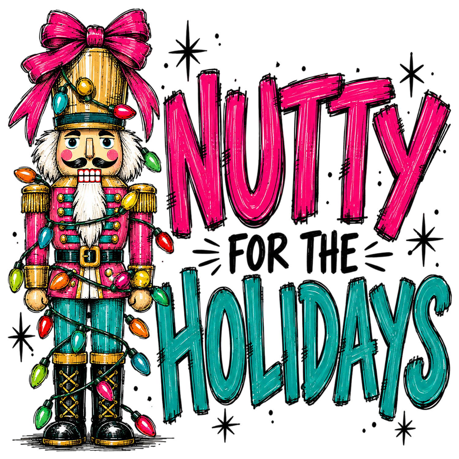 Whimsical nutcracker with pink bow, gold uniform, and colorful ornament lights—ready to press dtf transfer.