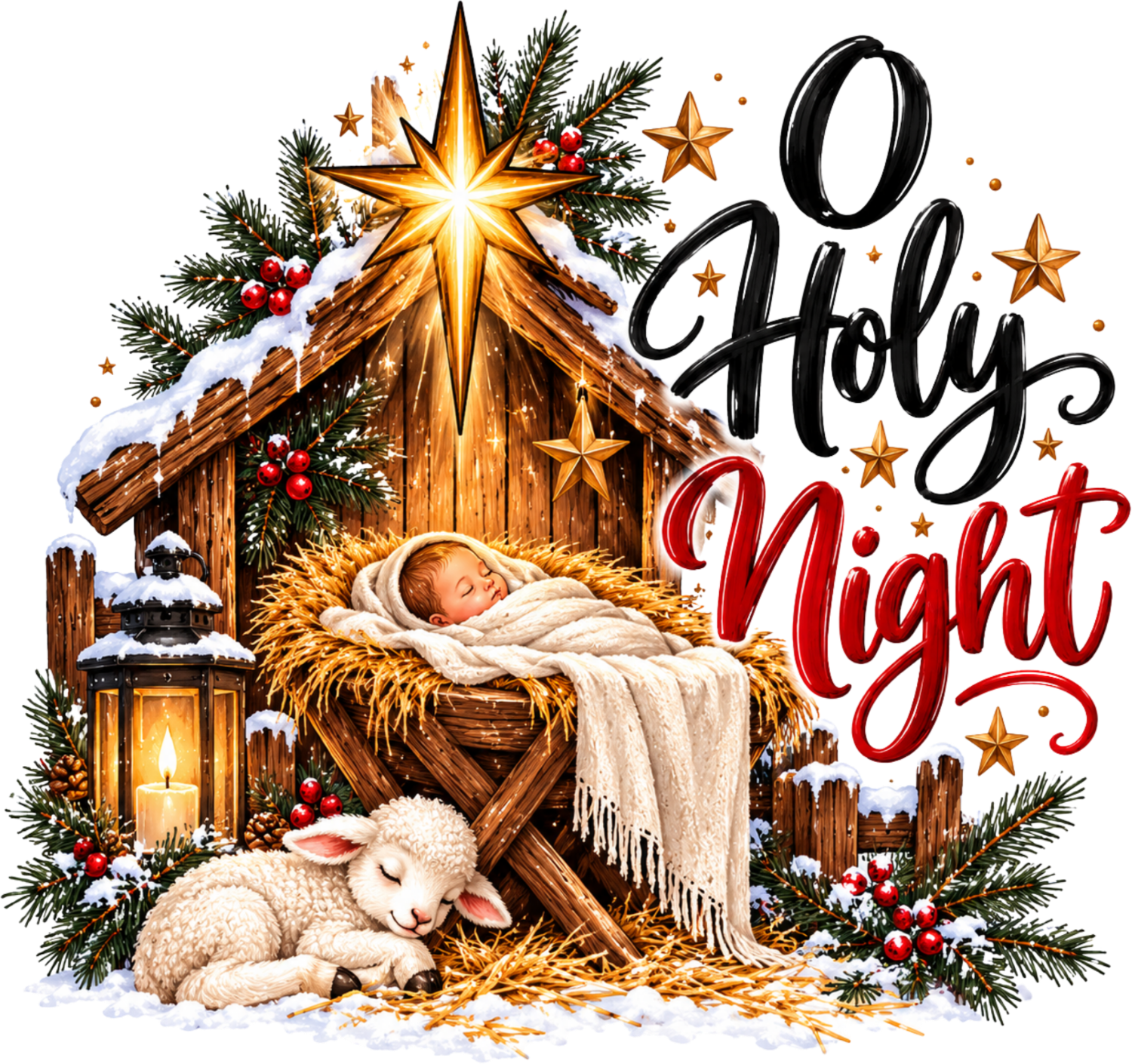 Golden star nativity scene with baby Jesus, lamb, and stable - ready to press dtf transfer with Christmas elements