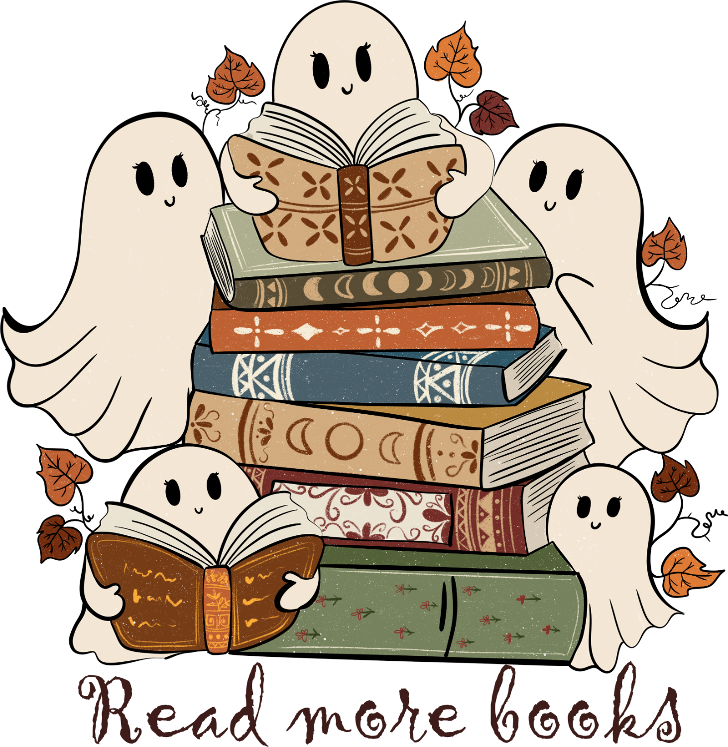 Three cute cream-colored ghosts reading stacked vintage books surrounded by autumn leaves, ready to press dtf transfer