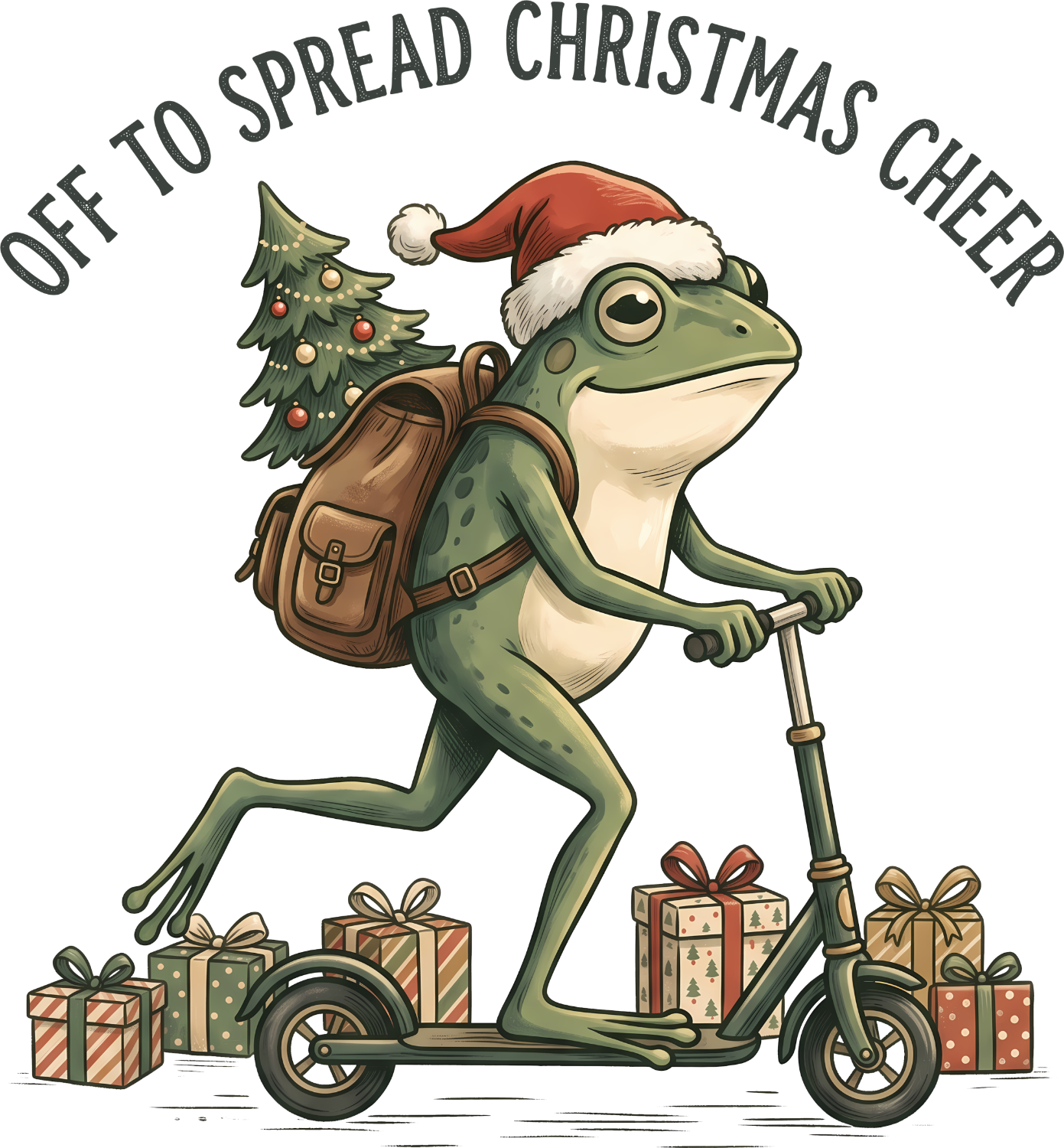 Cartoon frog wearing Santa hat riding scooter with Christmas tree, ready to press dtf transfer