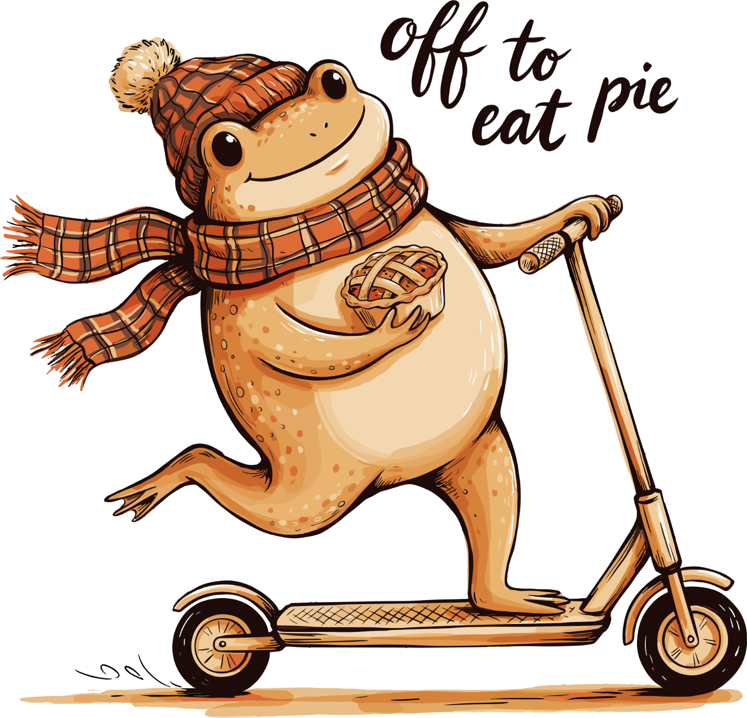 Cheerful frog wearing plaid hat and scarf riding scooter holding pie, ready to press dtf transfer