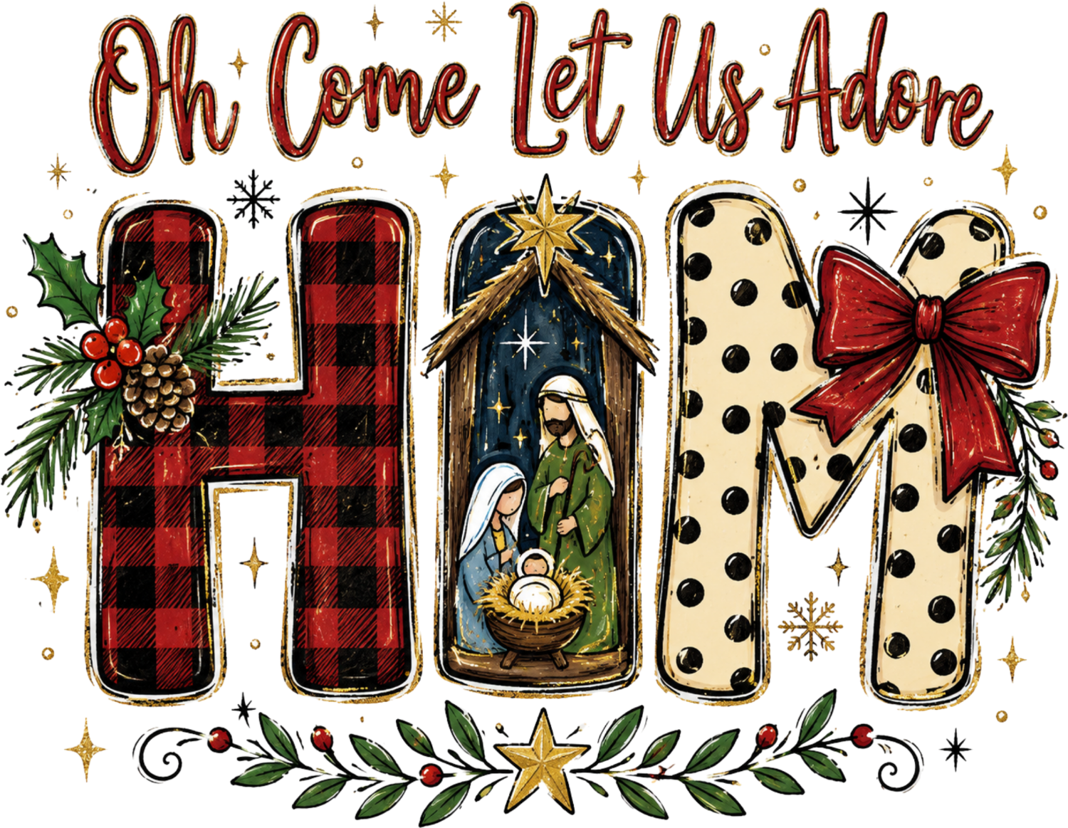 Colorful nativity scene with plaid and polka dot letters spelling HONI, ready to press dtf transfer